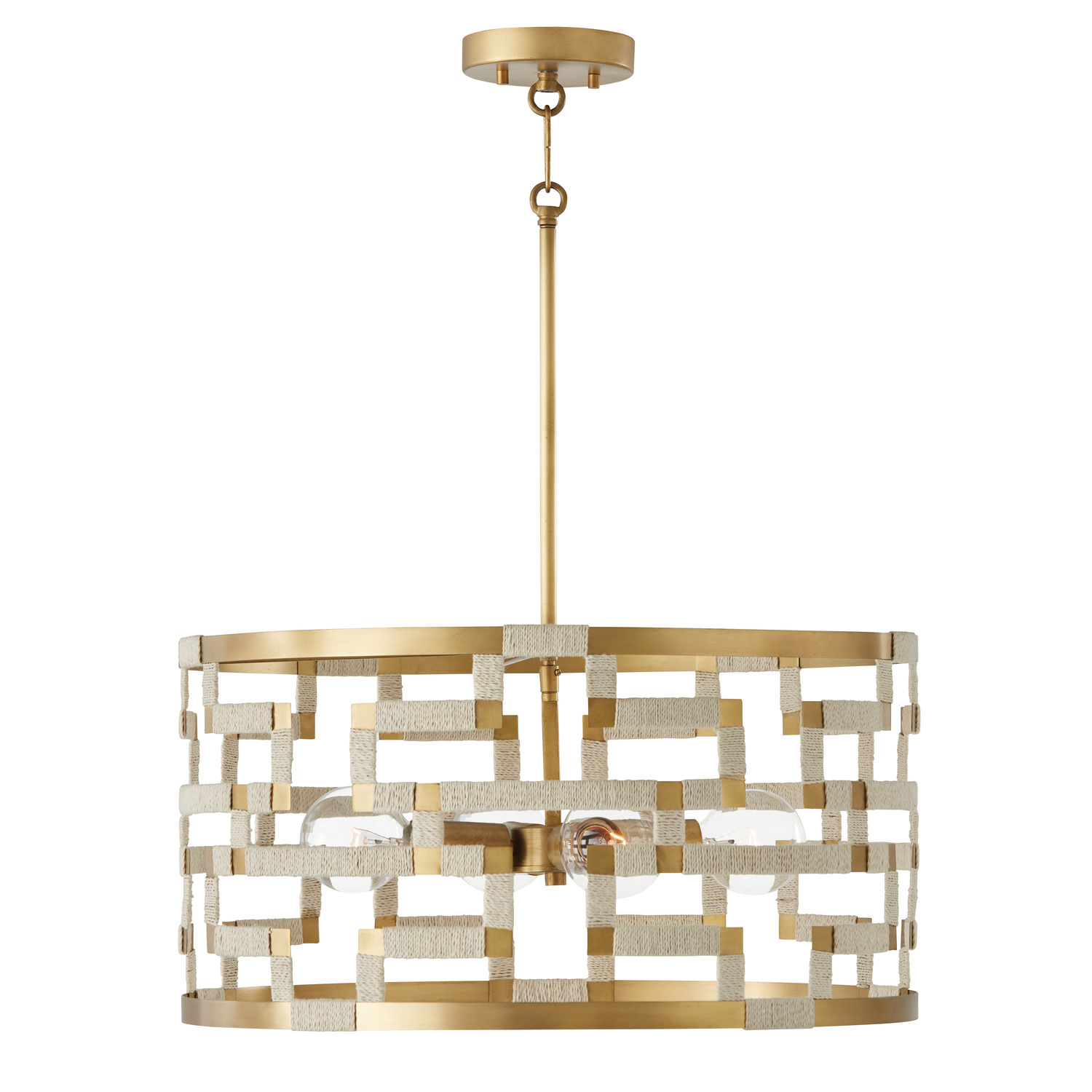 Capital Lighting Hala Four Light Pendant in Bleached Natural Jute and Patinaed Brass - 341041NL