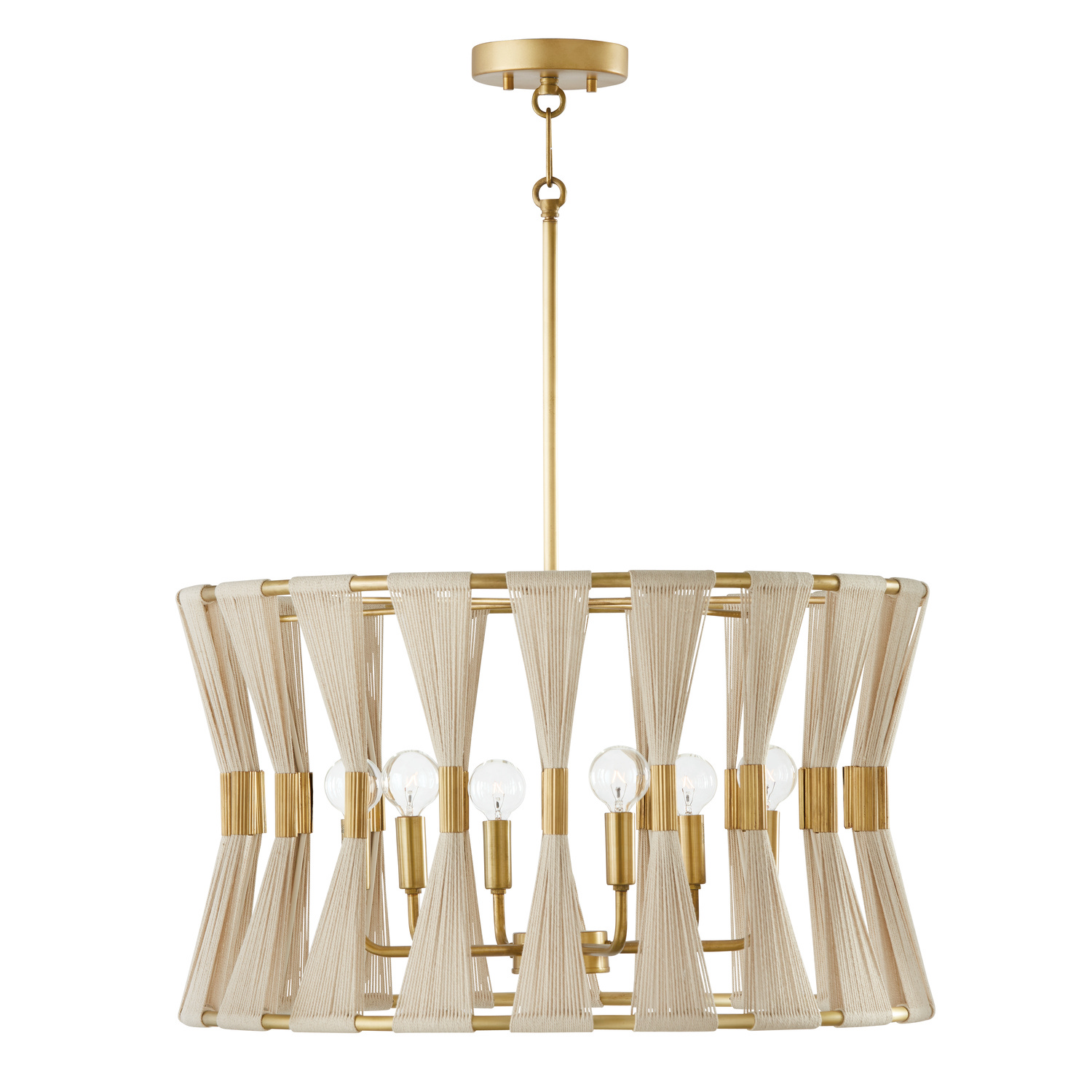 Capital Lighting Bianca Six Light Pendant in Bleached Natural Rope and Patinaed Brass - 341161NP