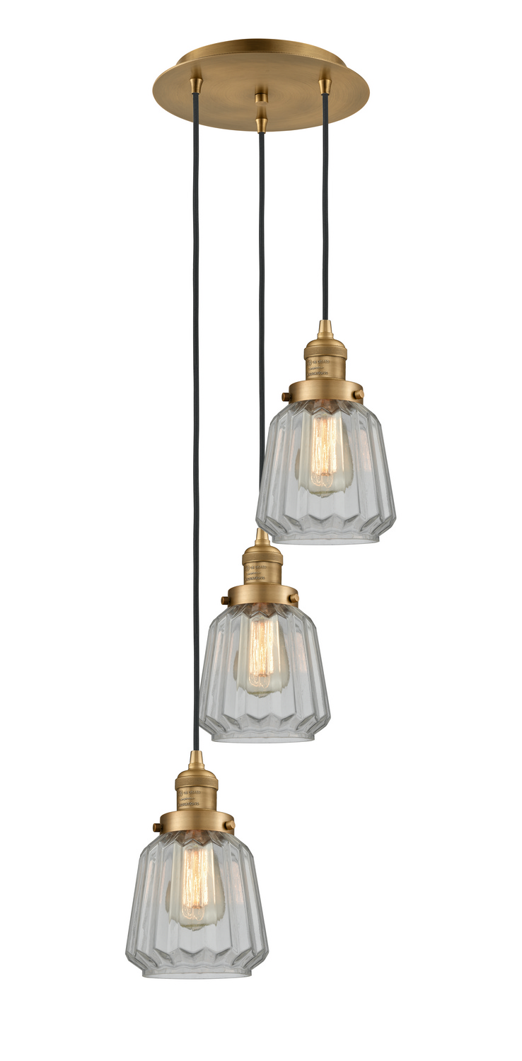 Three Light Pendant by Innovations - Franklin Restoration Collection, Brushed Brass Finish - 113F-3P-BB-G142