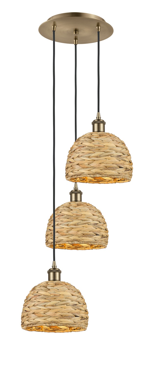 Three Light Pendant by Innovations - Ballston Collection, Antique Brass Finish - 113B-3P-AB-RBD-8-NAT
