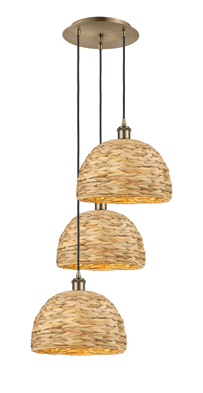 Three Light Pendant by Innovations - Ballston Collection, Antique Brass Finish - 113B-3P-AB-RBD-12-NAT