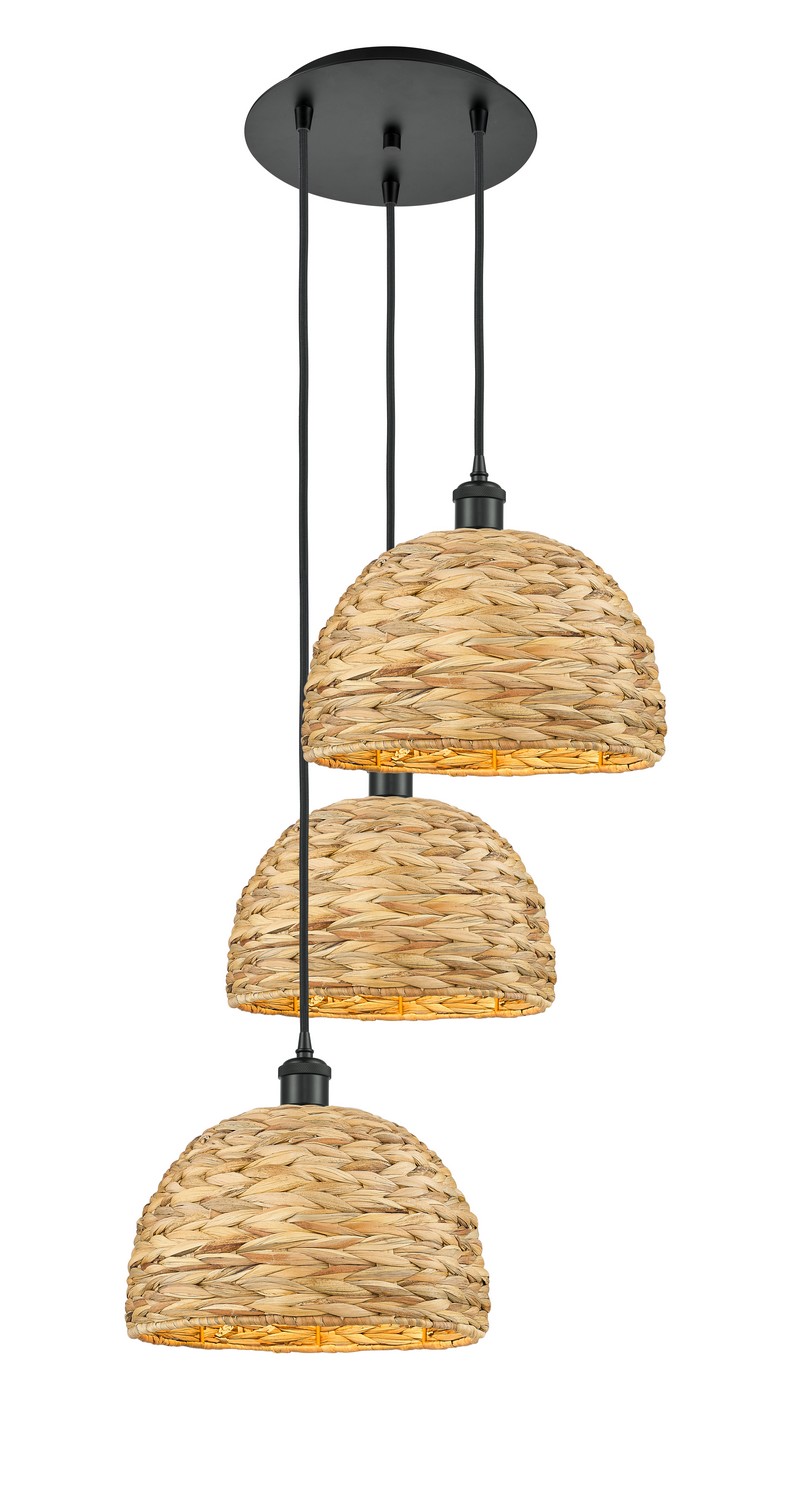 Three Light Pendant by Innovations - Ballston Collection, Matte Black Finish - 113B-3P-BK-RBD-12-NAT