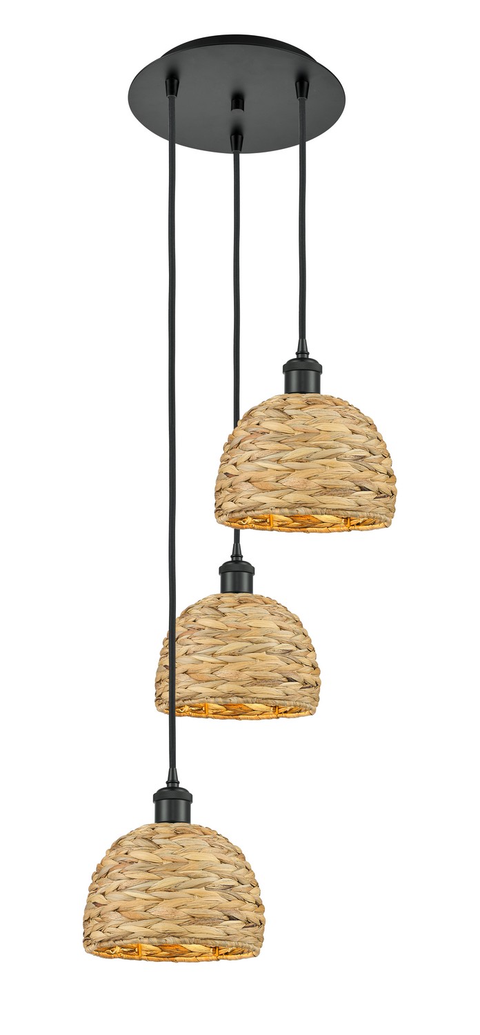 Three Light Pendant by Innovations - Ballston Collection, Matte Black Finish - 113B-3P-BK-RBD-8-NAT