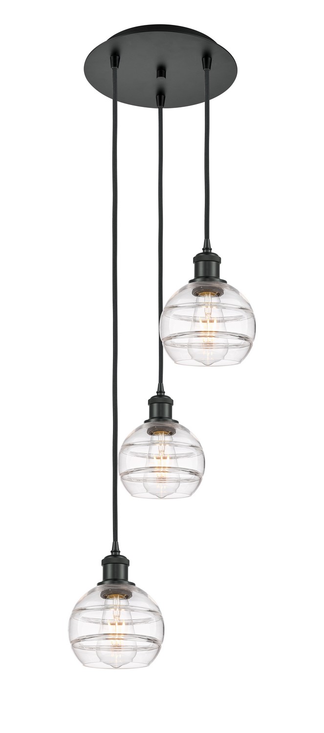 Three Light Pendant by Innovations - Ballston Collection, Matte Black Finish - 113B-3P-BK-G556-6CL