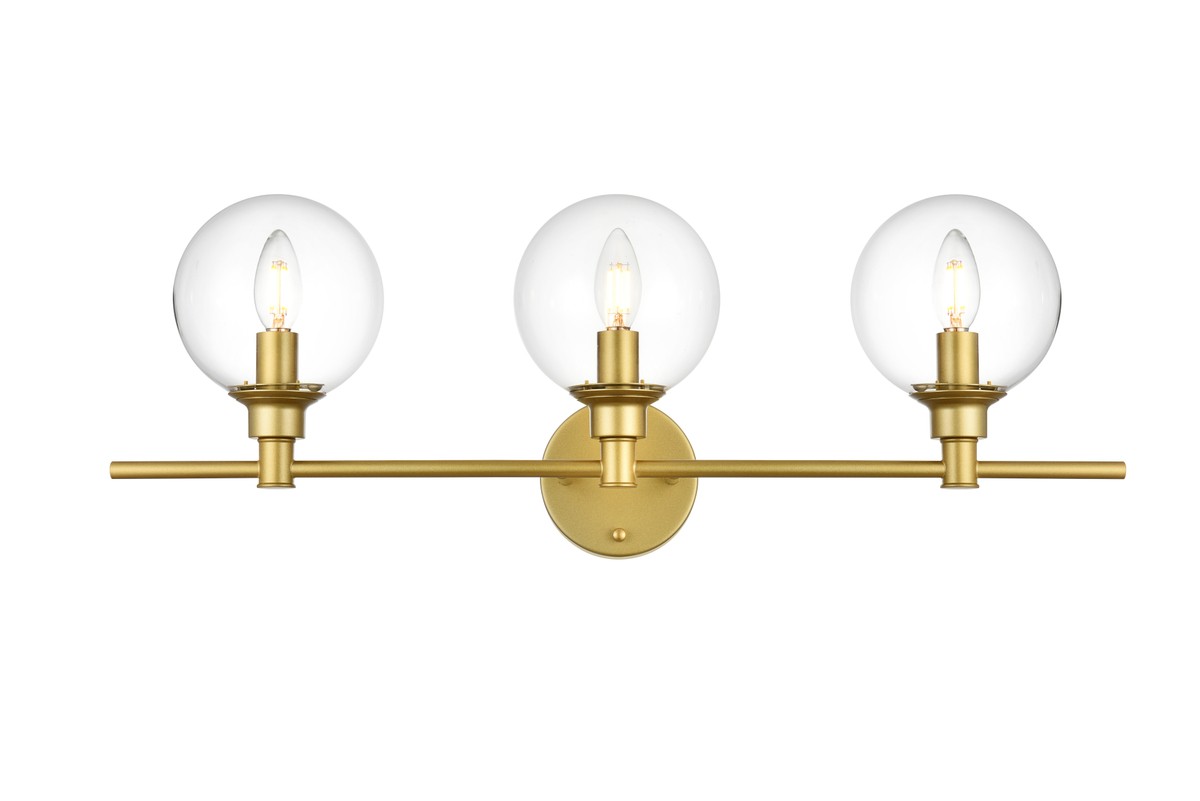 Photos - Chandelier / Lamp Elegant Lighting Brass and Clear Three Light Bath Sconce from the Jaelynn Collection LD7318W28BRA