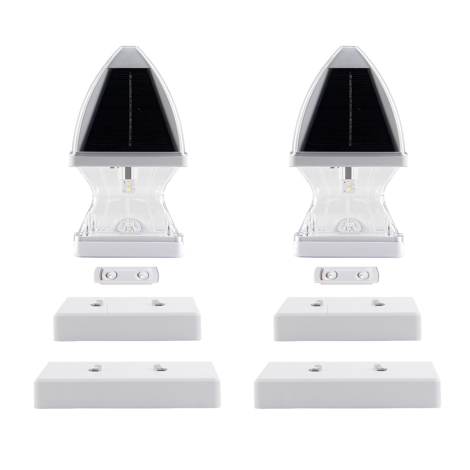 The GAMA SONIC Gothic Solar Post Cap Light is a stunning and functional addition for low lighting home exterior that can mount onto any fence, deck or patio. It's the perfect energy and money saving light replacement for an electric or gas operated light fixture. The easy to use fixture comes ready to install out of the box and requires no additional wiring for ultimate convenience. Includes direct flat mount no-show mounting system. The 4 solar panels allow this outdoor fixture to be placed in the sun and the UV rays will power the light. Panels won't overheat because they are made from monocrystalline. Featuring 1 Lithium-ion battery that can run full charge on 37-hours in low light mode and 21-hours in high mode, this post cap light will give off a luminous glow of 40 Lumens on any deck, patio fence and dimly-lit area. Made from high-quality resin plastic, the black frame is durable enough to withstand dust and debris from getting inside the fixture, it will look like new no matter what weather conditions occur. No need to worry about turning it on and off. The automatic dusk to dawn feature makes this fixture a self-starter. The additional 3-way switch allows the LED light to be turned off and on when desired as well. When placed outdoors, surrounding areas are brightly lit for less inconvenience in the dark. The GAMA SONIC Solar Post Cap Light is perfect for any space that needs some extra brightness. Finish: White Width: 3.75" Height: 6.50" Length: 3.75" Weight: 1.00 lb CRI: 80 Material: Resin Country of Origin: China Manufacturer Warranty: 2 Years