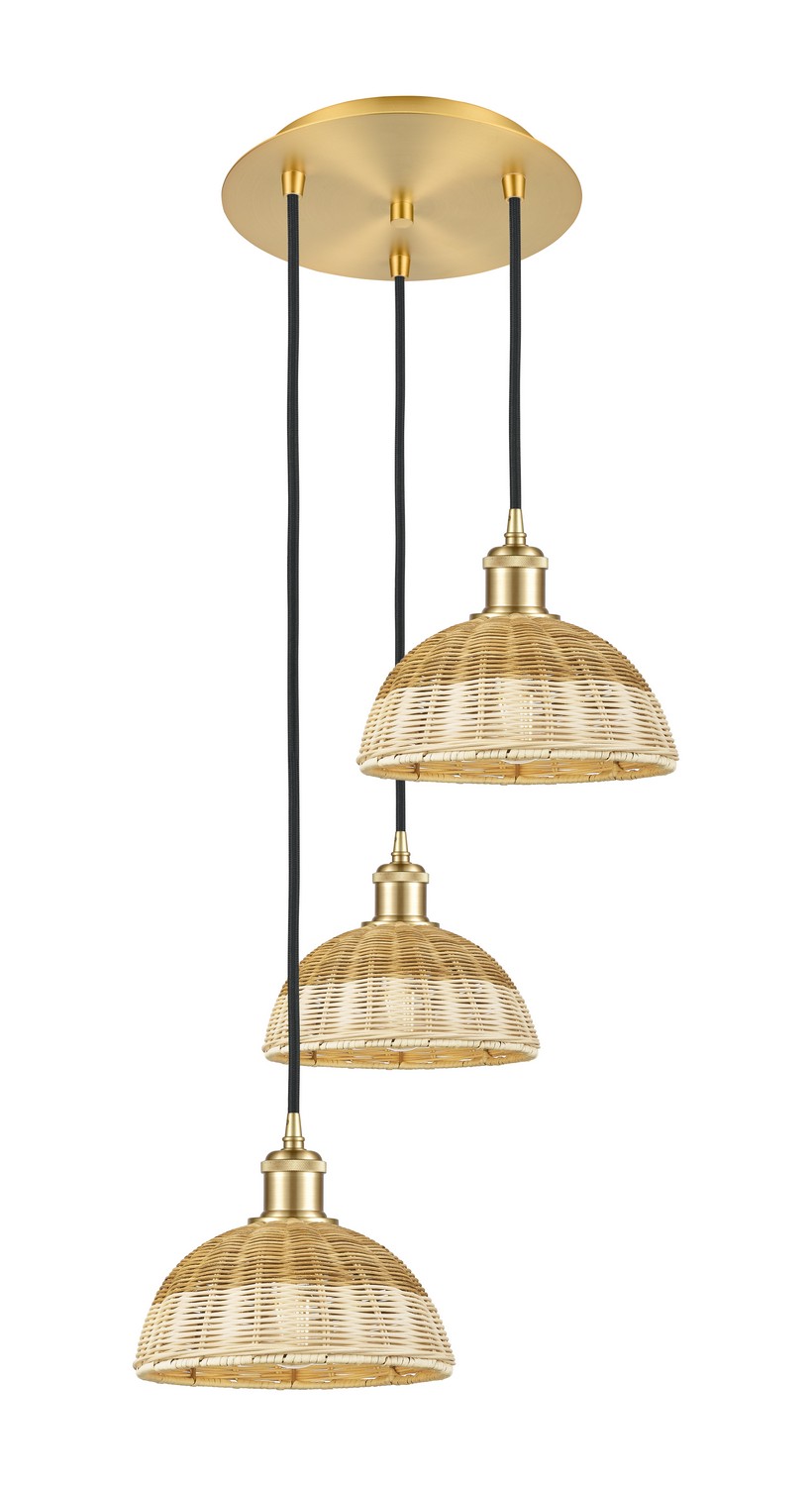 Three Light Pendant by Innovations - Ballston Collection, Satin Gold Finish - 113B-3P-SG-NBD2-9-NAT
