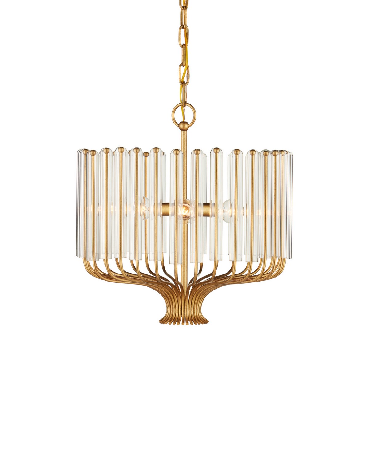 Kenzo Modern Classic Brushed Brass Clear Glass Rod 3 Light Chandelier