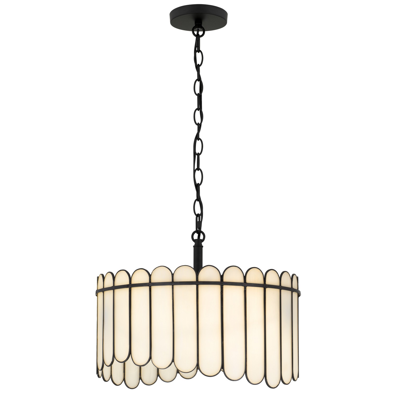 The Annabelle pendant light combines transitional style with decorative glass for elegant, versatile lighting. A matte black finish frames multicolor art glass, creating a warm glow with rich color and texture. Available in two sizes, this ceiling light is ideal for kitchen islands, dining rooms, bedrooms, entryways, and living rooms. Both pendant options convert to semi-flush mount lights with included hardware for flexible installation. Collection: Annabelle Rooms: Kitchen, Dining, Entry/Foyer Finish: Matte Black Glass: White Art Glass Width: 16.25" Height: 12.75" Length: 16.25" Weight: 7.53 lb Extension from Wall: 16.25" Chain: 8' Canopy: 5.00"W X 5.00"L Number of Bulbs: 3 Maximum Wattage: 100.00 W Bulb Type: A19 Bulb Base: Medium Dimmable Voltage: 120.00 V Material: Steel Country of Origin: China Safety Listing: ETL Safety Rating: Damp Connection: Hardwired