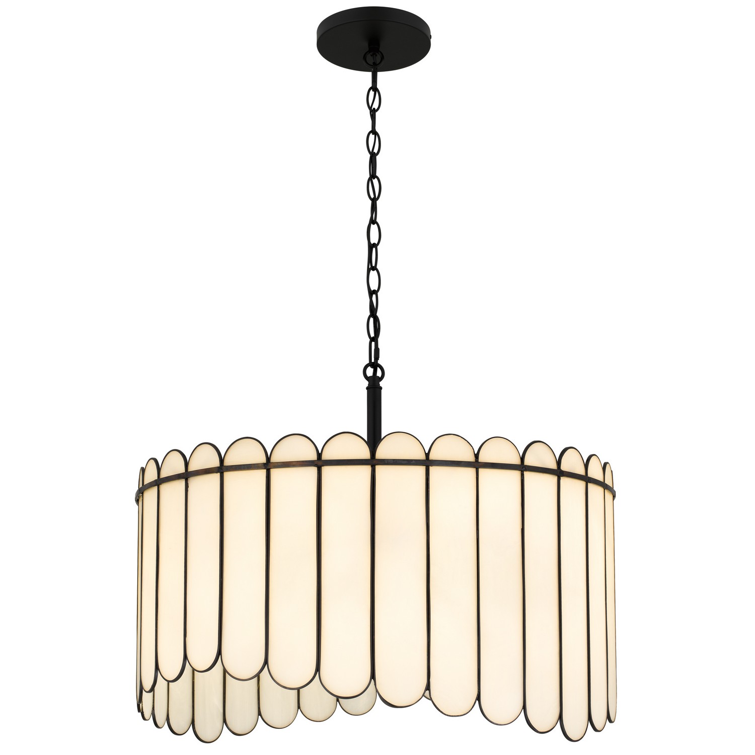 The Annabelle pendant light combines transitional style with decorative glass for elegant, versatile lighting. A matte black finish frames multicolor art glass, creating a warm glow with rich color and texture. Available in two sizes, this ceiling light is ideal for kitchen islands, dining rooms, bedrooms, entryways, and living rooms. Both pendant options convert to semi-flush mount lights with included hardware for flexible installation. Collection: Annabelle Rooms: Kitchen, Dining, Entry/Foyer Finish: Matte Black Glass: White Art Glass Width: 24.00" Height: 18.50" Length: 24.00" Weight: 14.57 lb Extension from Wall: 24.00" Chain: 8' Canopy: 6.25"W X 6.25"L Number of Bulbs: 4 Maximum Wattage: 100.00 W Bulb Type: A19 Bulb Base: Medium Dimmable Voltage: 120.00 V Material: Steel Country of Origin: China Safety Listing: ETL Safety Rating: Damp Connection: Hardwired