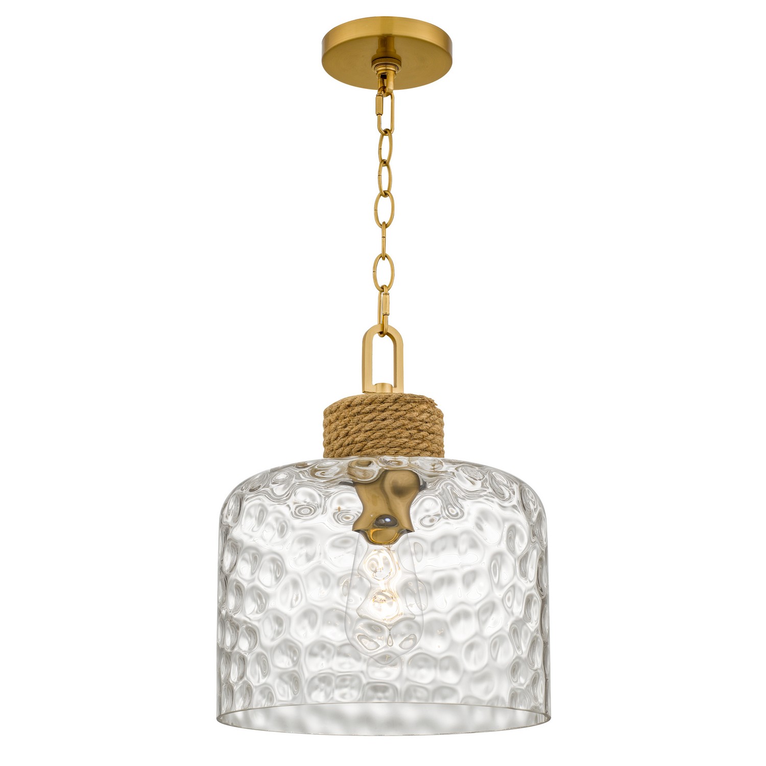 The Baltic pendant light blends natural materials with modern coastal style. Clear water glass adds rippled texture, while hand-wrapped rope detailing brings nautical charm and organic warmth. Available in matte black or brushed gold, this hanging light features clean Scandinavian-inspired lines that complement coastal, farmhouse, and transitional interiors. Ideal for kitchens, dining rooms, bedrooms, entryways, and living spaces. Collection: Baltic Rooms: Kitchen, Dining, Entry/Foyer Finish: Brushed Gold Glass: Clear Water Glass Width: 12.00" Height: 14.75" Length: 12.00" Weight: 6.75 lb Extension from Wall: 12.00" Chain: 8' Canopy: 5.00"W X 5.00"L Number of Bulbs: 1 Maximum Wattage: 100.00 W Bulb Type: A19 Bulb Base: Medium Dimmable Voltage: 120.00 V Material: Steel Country of Origin: China Safety Listing: ETL Safety Rating: Damp Connection: Hardwired
