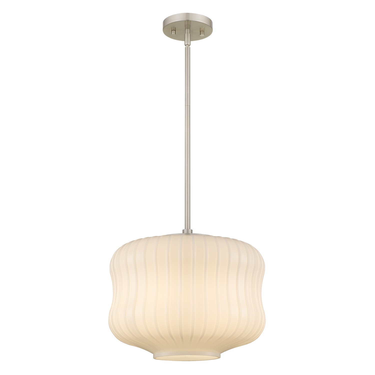The Cara pendant light brings modern sophistication and clean, refined style to any space. A sculpted ribbed opal etched glass shade diffuses light into a soft, warm glow while adding texture and visual interest. Available in matte black or brushed nickel, this hanging light complements contemporary, transitional, and modern interiors. Hung solo or in a group, Cara pendants are ideal over kitchen islands, bar areas, bedrooms, and other stylish living spaces. Collection: Cara Rooms: Kitchen, Dining, Entry/Foyer Finish: Brushed Nickel Glass: Ribbed Clear Opal Glass Width: 14.00" Height: 11.75" Length: 14.00" Weight: 8.45 lb Extension from Wall: 14.00" Chain: 8' Rod: 2 - 6, 2 - 12" Canopy: 5.00"W X 1.00"L Number of Bulbs: 1 Maximum Wattage: 60.00 W Bulb Type: A19 Bulb Base: Medium Dimmable Voltage: 120.00 V Material: Steel Country of Origin: China Safety Listing: ETL Safety Rating: Damp Connection: Hardwired