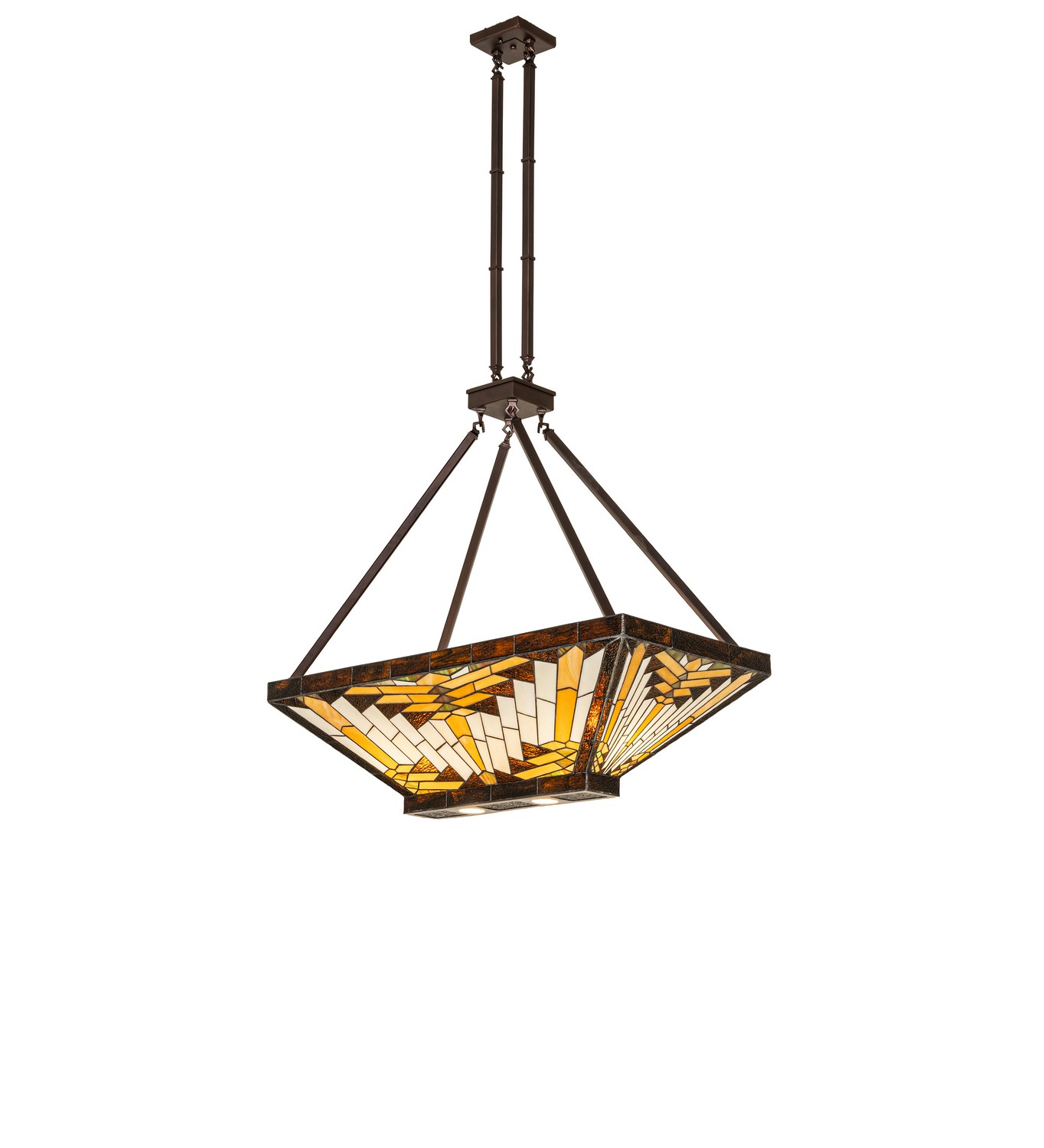 Every Meyda Tiffany item is a unique handcrafted work of art. Natural variations in the wide array of materials that we use to create each Meyda product make every item a masterpiece of its own. Photographs are a general representation of the product. Colors and designs will vary. Collection: Nuevo Mission Finish: Mahogany Bronze Glass: Stained Glass Width: 18.00" Height: 65.00" Length: 39.00" Weight: 40.00 lb Number of Bulbs: 6 Maximum Wattage: 60.00 W Bulb Type: A19 Bulb Base: E26 Material: Steel Country of Origin: CHINA Safety Rating: Damp