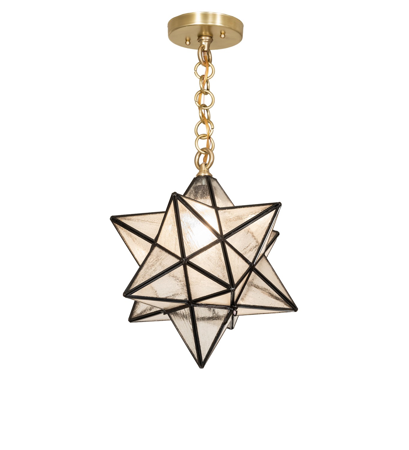 Every Meyda Tiffany item is a unique handcrafted work of art. Natural variations in the wide array of materials that we use to create each Meyda product make every item a masterpiece of its own. Photographs are a general representation of the product. Colors and designs will vary. Collection: Moravian Star Finish: Matte Brass Glass: Clear Seeded Glass Width: 12.00" Height: 18.00" Length: 12.00" Weight: 6.00 lb Number of Bulbs: 1 Maximum Wattage: 60.00 W Bulb Type: A19 Bulb Base: E26 Material: Brass Country of Origin: CHINA Safety Rating: Damp
