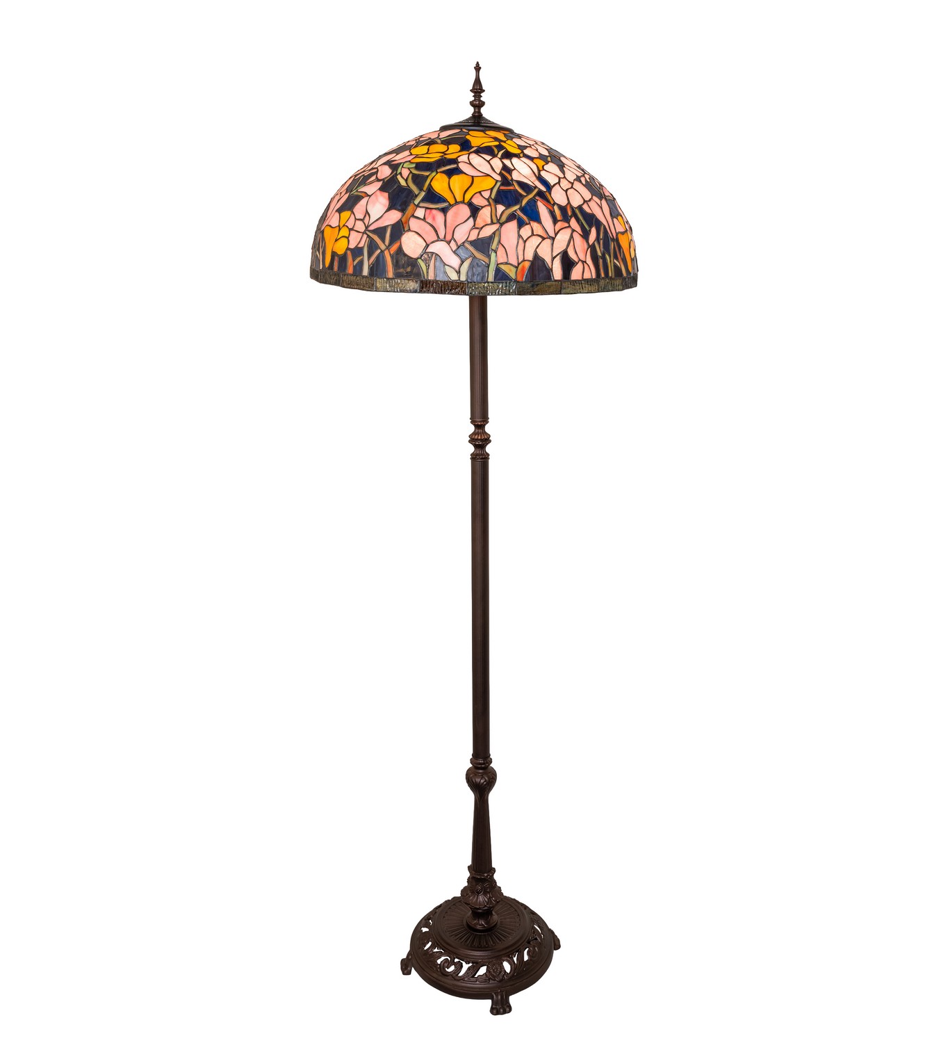 Every Meyda Tiffany item is a unique handcrafted work of art. Natural variations in the wide array of materials that we use to create each Meyda product make every item a masterpiece of its own. Photographs are a general representation of the product. Colors and designs will vary. Collection: Tiffany Magnolia Finish: Mahogany Bronze Glass: Purple Blue/Pink Flemish/Orange Opal Width: 22.00" Height: 64.00" Length: 22.00" Weight: 25.50 lb Number of Bulbs: 3 Maximum Wattage: 60.00 W Bulb Type: A19 Bulb Base: E26 Material: Steel/Zinc Country of Origin: CHINA Safety Rating: Dry