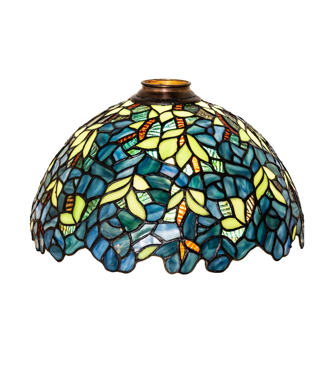 Every Meyda Tiffany item is a unique handcrafted work of art. Natural variations in the wide array of materials that we use to create each Meyda product make every item a masterpiece of its own. Photographs are a general representation of the product. Colors and designs will vary. Collection: Nightfall Wisteria Glass: Stained Glass Width: 12.00" Height: 7.00" Length: 12.00" Weight: 3.50 lb Country of Origin: CHINA