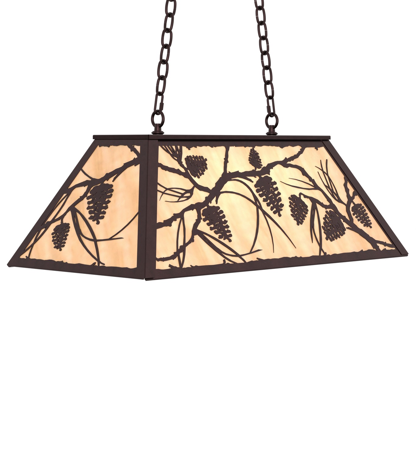 Enjoy the ambiance of soft light diffused through a beautiful Beige Art Glass shade featuring breathtaking Pinecone and Pine Branch designs. This nature inspired oblong pendant is enhanced with a Mahogany Bronze finish. Overall height ranges from 19 to 47 inches as the chain length can be easily adjusted in the field to accommodate your specific lighting needs. The fixture is Made to Order in our 180,000 square manufacturing facility in Yorkville, New York, at the foothills of the Adirondack Mountains. Shade colors, metal finishes and pendant sizes can be customized to your needs. UL and cUL listed for dry and damp locations. Collection: Whispering Pines Finish: Mahogany Bronze Glass: Beige Art Glass Width: 17.00" Height: 19.00" Length: 33.00" Weight: 30.00 lb Number of Bulbs: 6 Maximum Wattage: 60.00 W Bulb Type: A19 Bulb Base: E26 Material: Steel Country of Origin: USA Safety Rating: Damp