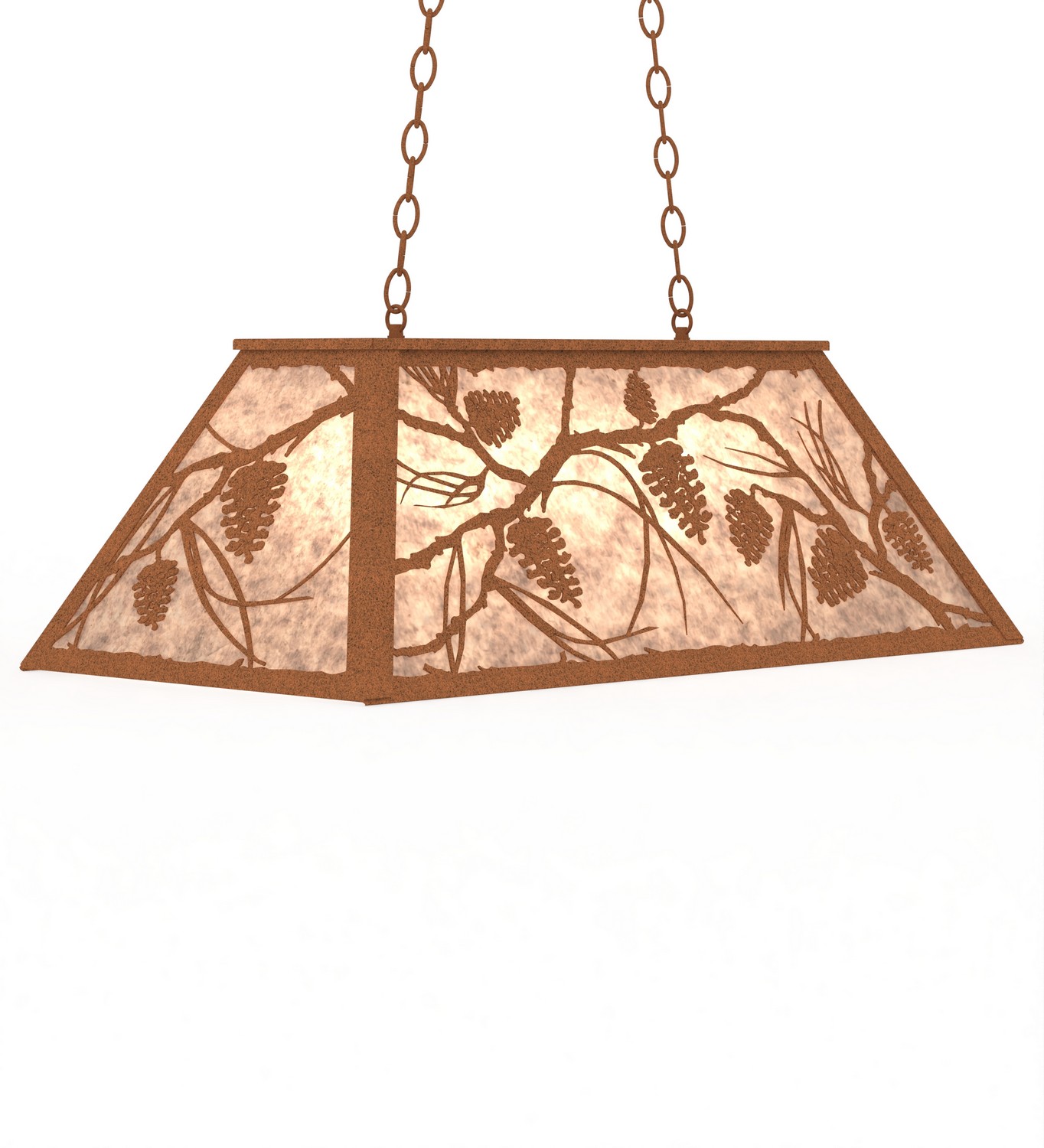 Enjoy the ambiance of soft light diffused through a beautiful Silver Mica shade featuring breathtaking Pinecone and Pine Branch designs. This nature inspired oblong pendant is enhanced with an Earth finish. Overall height ranges from 18 to 43 inches as the chain length can be easily adjusted in the field to accommodate your specific lighting needs. The fixture is Made to Order in our 180,000 square manufacturing facility in Yorkville, New York, at the foothills of the Adirondack Mountains. Shade colors, metal finishes and pendant sizes can be customized to your needs. UL and cUL listed for dry and damp locations. Collection: Whispering Pines Finish: Earth Glass: Silver Mica Width: 17.00" Height: 18.00" Length: 33.00" Weight: 20.00 lb Number of Bulbs: 6 Maximum Wattage: 60.00 W Bulb Type: A19 Bulb Base: E26 Material: Steel Country of Origin: USA Safety Rating: Damp