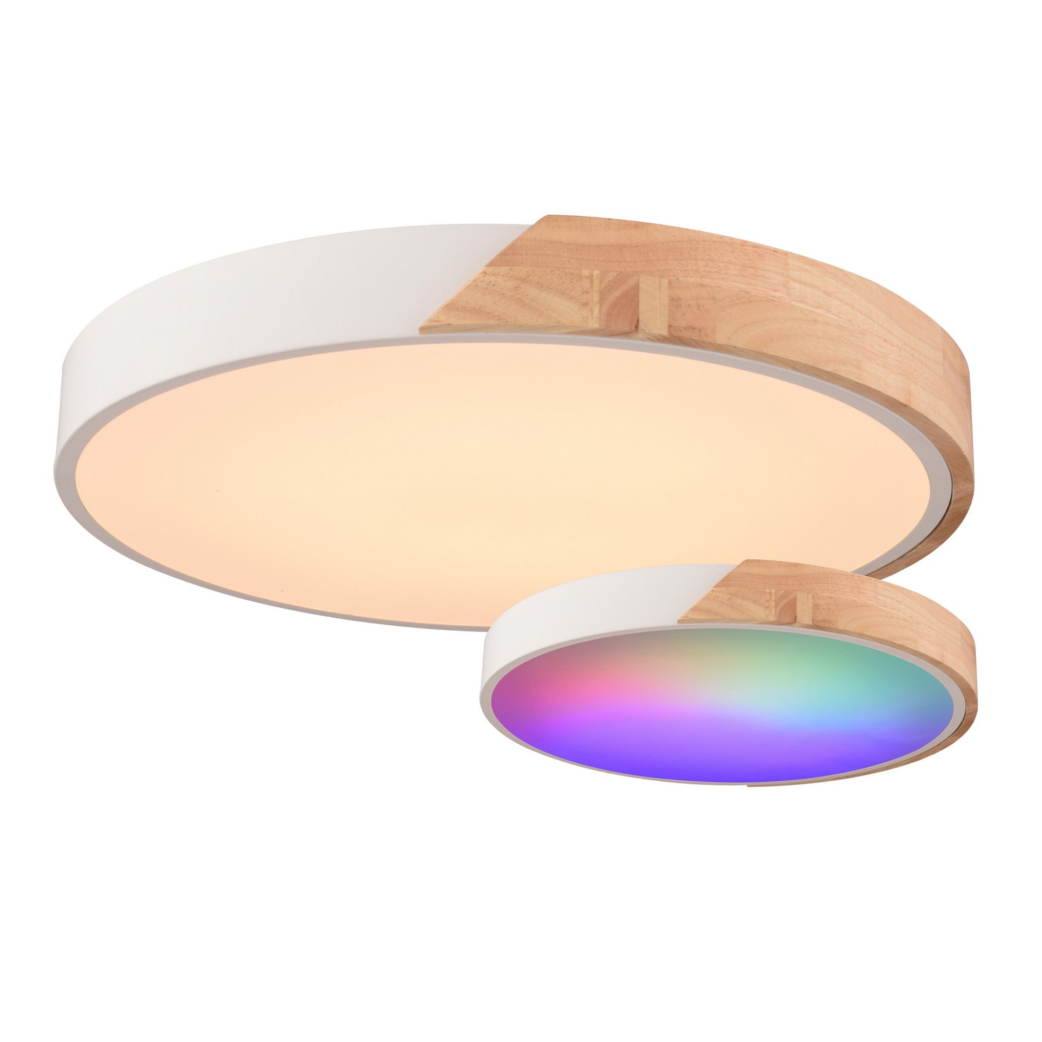 Everette 16.5-In. LED Flush Mount Ceiling Light, White and Natural Wood, RGB, Remote