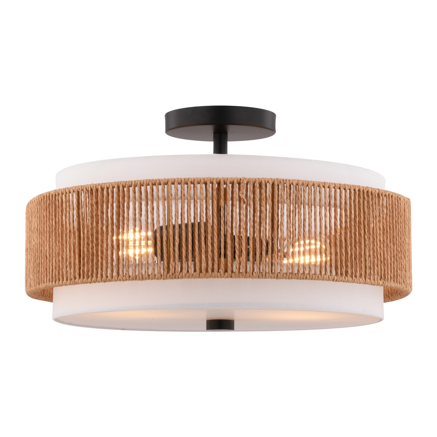 Abbotsford 2-Light Semi-Flush Ceiling Light, Matte Black, White Linen and Rattan Drum, 16-In.