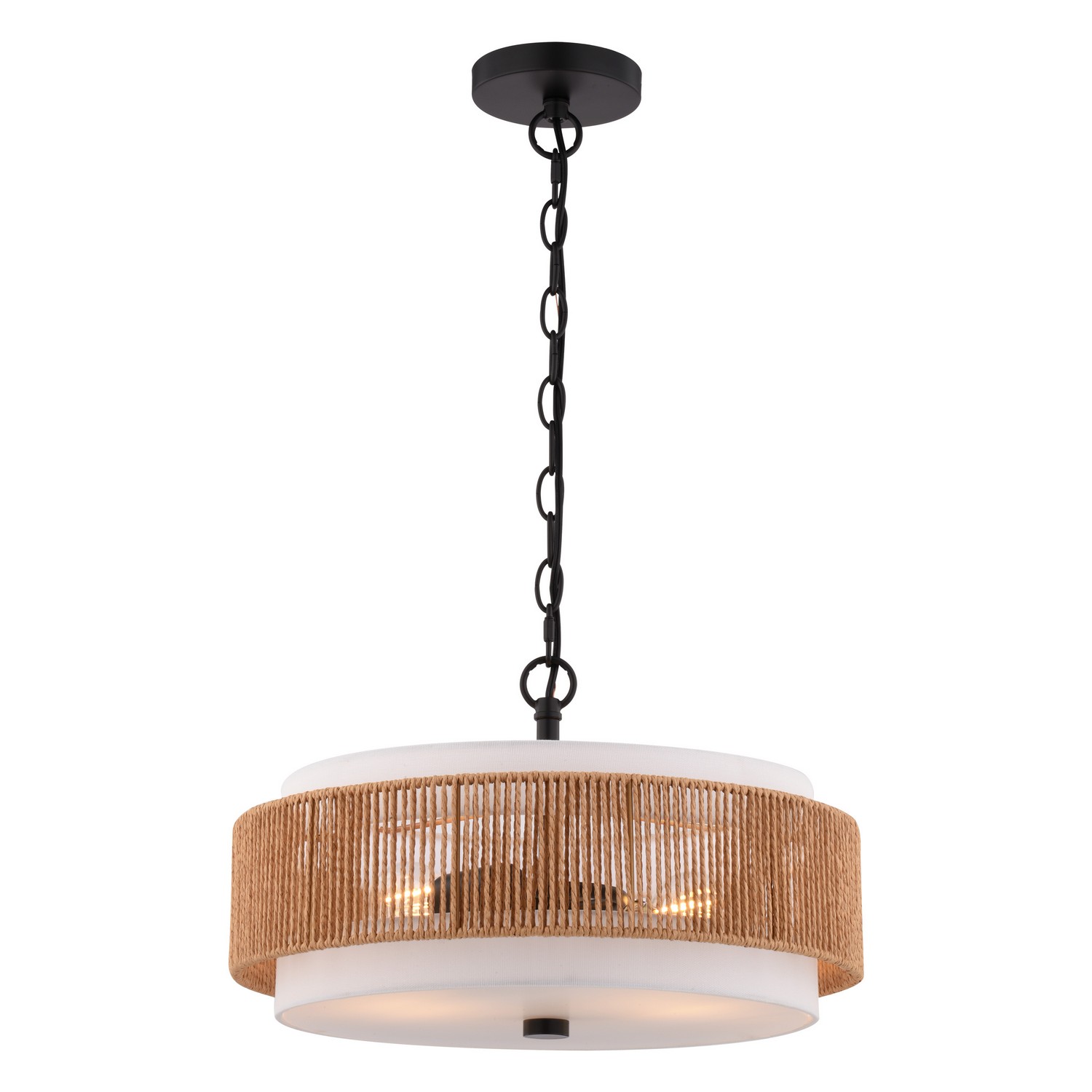 Abbotsford 2-Light Semi-Flush Ceiling Light, Matte Black, White Linen and Rattan Drum, 16-In.