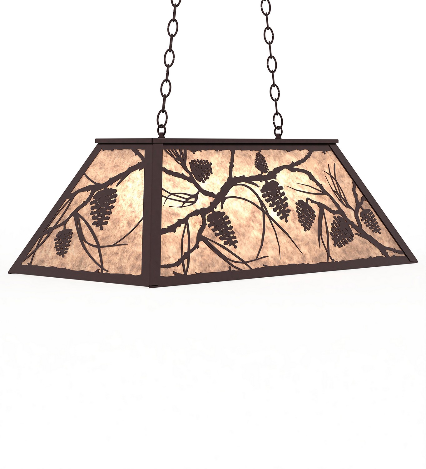 Enjoy the ambiance of soft light diffused through a beautiful Silver Mica shade featuring breathtaking Pinecone and Pine Branch designs. This nature inspired oblong pendant is enhanced with a Mahogany Bronze finish. Overall height ranges from 18 to 44 inches as the chain length can be easily adjusted in the field to accommodate your specific lighting needs. Inspired by Pine Forests located in the Bienville forest in central Mississippi, to the Beaverhead-Deerlodge Forest in Montana. Place the pendant over kitchen islands, and tables in lodges, log and timber frame homes, camps, and other residential and hospitality locations. The Whispering Pines Inverted Pendant is featured in our American-made, American-designed, handcrafted Nature Inspired Collection and manufactured in Yorkville, New York. UL and cUL listed for dry and damp locations. Collection: Whispering Pines Finish: Mahogany Bronze Glass: Silver Mica Width: 17.00" Height: 18.00" Length: 33.00" Weight: 18.00 lb Number of Bulbs: 6 Maximum Wattage: 60.00 W Bulb Type: A19 Bulb Base: E26 Material: Steel Country of Origin: USA Safety Rating: Damp