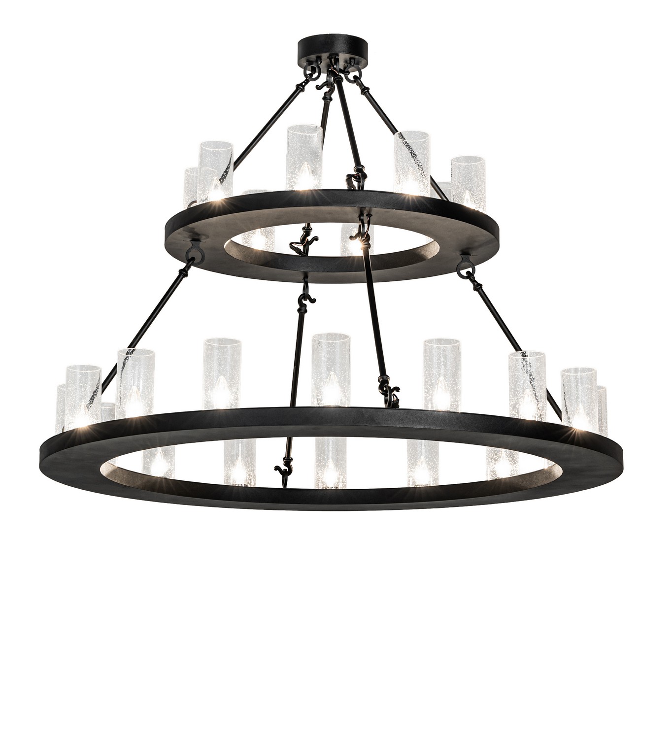 Every Meyda Tiffany item is a unique handcrafted work of art. Natural variations in the wide array of materials that we use to create each Meyda product make every item a masterpiece of its own. Photographs are a general representation of the product. Colors and designs will vary. Collection: Loxley Finish: Textured Black Glass: Clear Seeded Glass Width: 48.00" Height: 36.00" Length: 48.00" Weight: 90.00 lb Number of Bulbs: 24 Maximum Wattage: 40.00 W Bulb Type: B11 Bulb Base: E26 Material: Steel Country of Origin: USA Safety Rating: Damp
