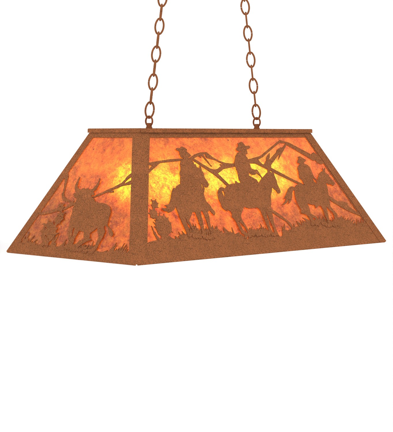 Three cowboys on trusty horses ride across the mountainside as the morning sun comes up in this Western inspired ceiling fixture design. Beautiful ambient light projects through stunning Amber Mica complemented by a frame and hardware hand finished in an Earth Finish. Made in the USA. Handcrafted by Meyda artisans in our Yorkville, New York manufacturing facility at the foothills of the Adirondack Mountains. Custom colors, sizes and styles available. Energy efficient lamping options offered.UL and cUL listed. Collection: Rustlers Finish: Earth Glass: Amber Mica Width: 17.00" Height: 19.00" Length: 33.00" Weight: 16.00 lb Number of Bulbs: 6 Maximum Wattage: 60.00 W Bulb Type: A19 Bulb Base: E26 Material: Steel Country of Origin: USA Safety Rating: Damp