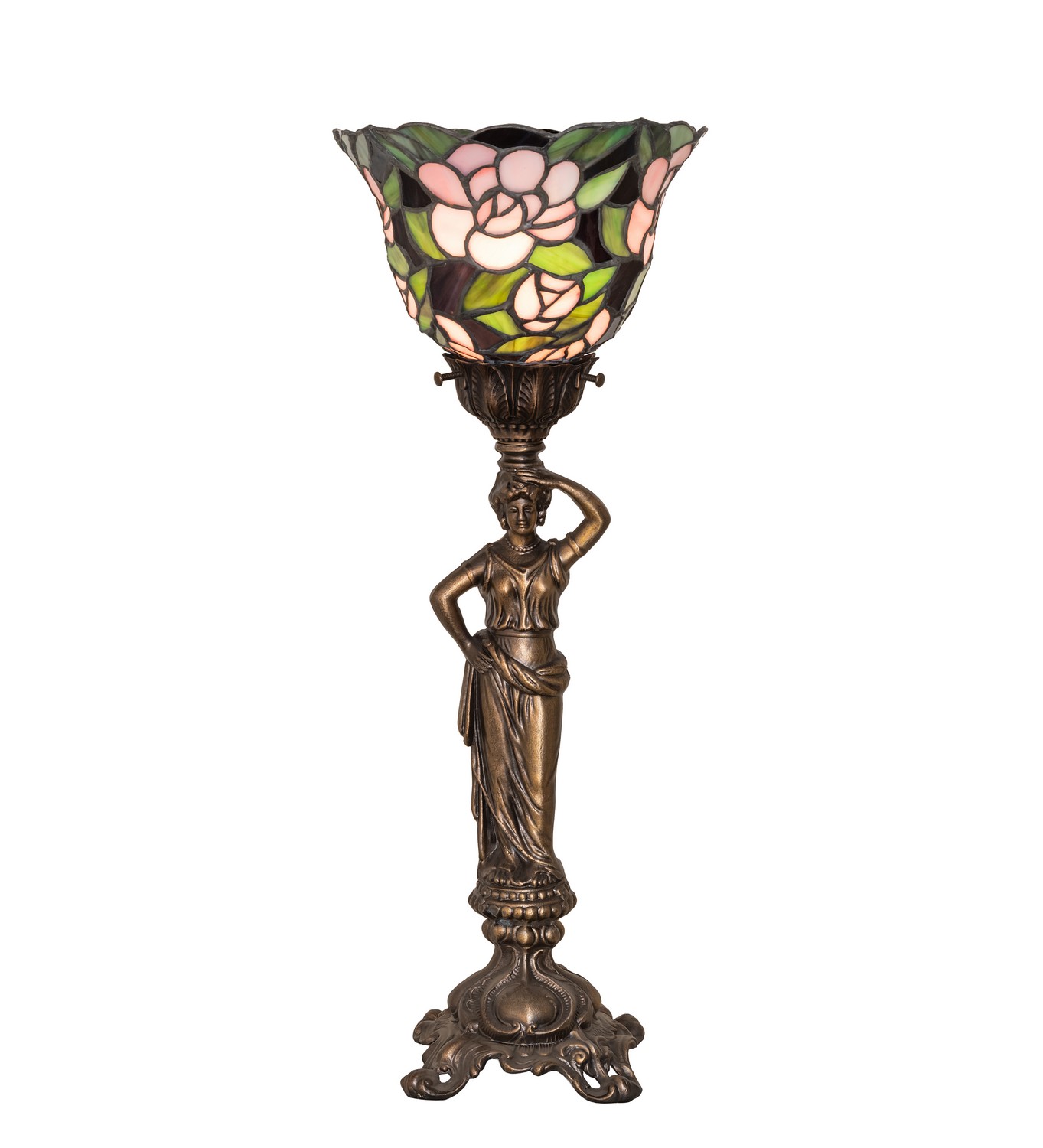 Every Meyda Tiffany item is a unique handcrafted work of art. Natural variations in the wide array of materials that we use to create each Meyda product make every item a masterpiece of its own. Photographs are a general representation of the product. Colors and designs will vary. Collection: Begonia Finish: Antique Brass Glass: Stained Glass Width: 8.00" Height: 20.00" Length: 8.00" Weight: 5.50 lb Number of Bulbs: 1 Maximum Wattage: 60.00 W Bulb Type: B10 Bulb Base: E12 Material: Zinc Country of Origin: CHINA Safety Rating: Dry