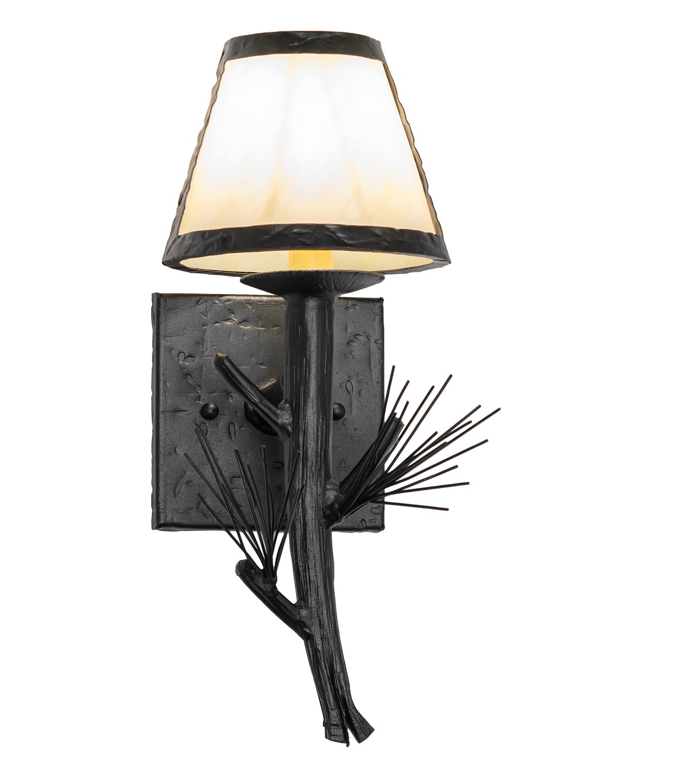This nature-inspired lighting fixture features stunning metal Pine Tree Branches in a Textured Black finish. The arm is accented with Ivory faux candlelight crowned by a Botticino Idalight shade. The wall sconce is ideal for dining rooms and corridors in modern farmhouses, camps, and lodges. The fixture matches perfectly with model 265636, the 6 Wide Lone Pine Left Sconce. The Lone Pine Wall Sconces are featured in our American-made, American-designed, handcrafted Nature Inspired Lighting Collection. The fixtures are UL and cUL listed for dry and damp locations. Upstate New York's adventurous playland, known as the Adirondack Mountains, with its many breathtaking forests, lakes, and rivers, is the spiritual birthplace of Meyda and inspires our rustic-themed collections." Collection: Lone Pine Finish: Textured Black Glass: Botticino Idalight Width: 6.00" Height: 15.00" Length: 9.00" Weight: 4.00 lb Number of Bulbs: 1 Maximum Wattage: 9.00 W Bulb Type: BA9 Bulb Base: E12 Light Source: LED Material: Steel Country of Origin: USA Safety Rating: Damp LED