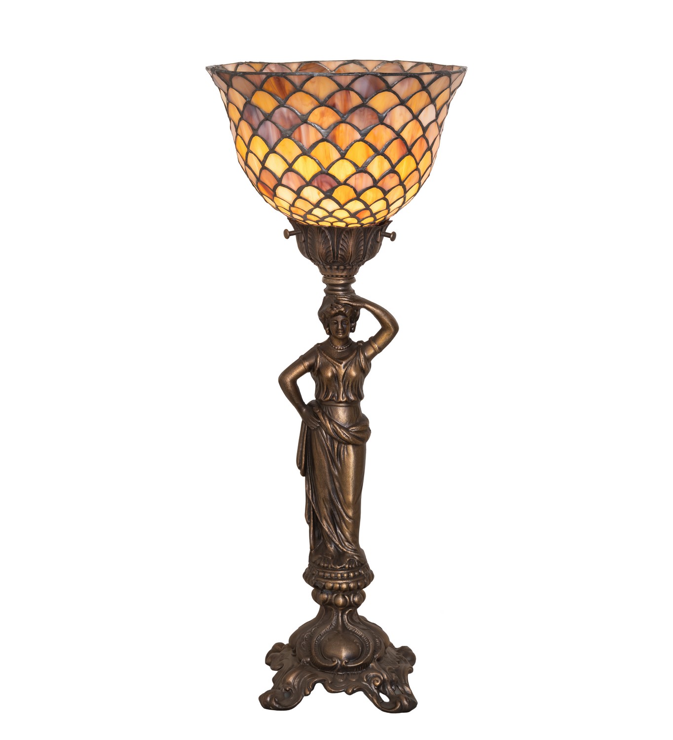 Every Meyda Tiffany item is a unique handcrafted work of art. Natural variations in the wide array of materials that we use to create each Meyda product make every item a masterpiece of its own. Photographs are a general representation of the product. Colors and designs will vary. Collection: Tiffany Fishscale Finish: Antique Brass Glass: Stained Glass Width: 8.00" Height: 20.00" Length: 8.00" Weight: 5.50 lb Number of Bulbs: 1 Maximum Wattage: 60.00 W Bulb Type: B10 Bulb Base: E12 Material: Zinc Country of Origin: CHINA Safety Rating: Dry