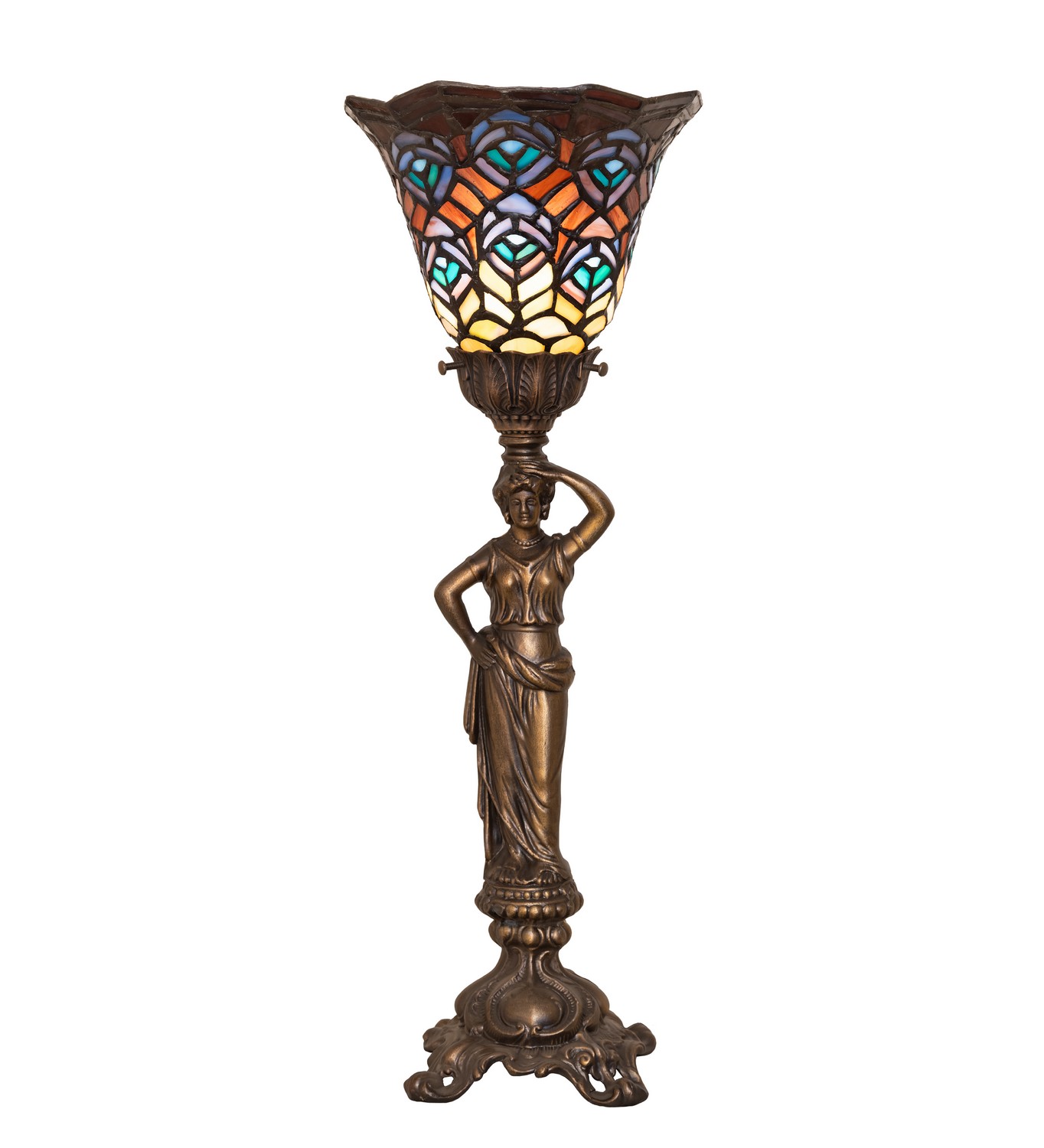 Tiffany Peacock Feather One Light Accent Lamp in Antique Brass