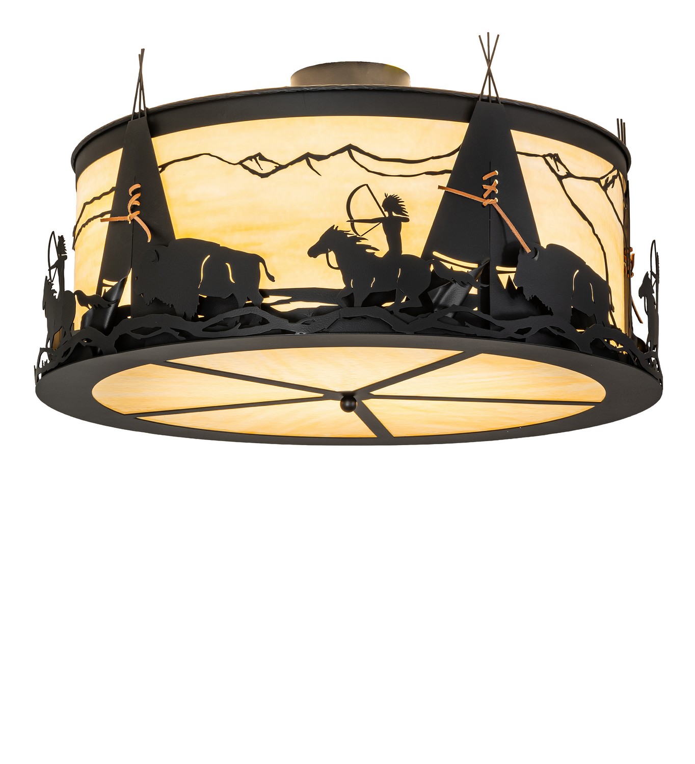 Mesmerizing silhouettes of Native Americans on horseback hunt buffalo as the morning sun rises above the mountainside. This stunning lighting fixture features a Beige Art Glass lens with a matching bottom diffuser, enhanced with decorative accents and hardware in Black Satin Wrought Iron. It is ideal for illuminating great rooms and other large spaces in residential and hospitality settings. The Ignacio Semi-Flush Mount is part of our American-made, American-designed, handcrafted Southwest Collection, which is manufactured in Yorkville, New York. The fixture is UL and cUL listed for dry and damp locations. This fixture is featured in a fine residence in Telluride, Colorado. The artistically manufactured fixture depicts Native Americans hunting Buffalo in the Four Corners region, including the Roaring Fork Valley and Mesa Verde, which inspired this illuminated artwork. This stunning lighting fixture was created by Meyda for the homeowner, who was paying homage to Native American-inspired designs while respecting the region's cultural significance. Collection: Ignacio Finish: Black Satin Wrought Iron Glass: Beige Granite Art Glass Width: 36.00" Height: 21.00" Length: 36.00" Weight: 75.00 lb Number of Bulbs: 5 Maximum Wattage: 60.00 W Bulb Type: A19 Bulb Base: E26 Material: Steel Country of Origin: USA Safety Rating: Damp