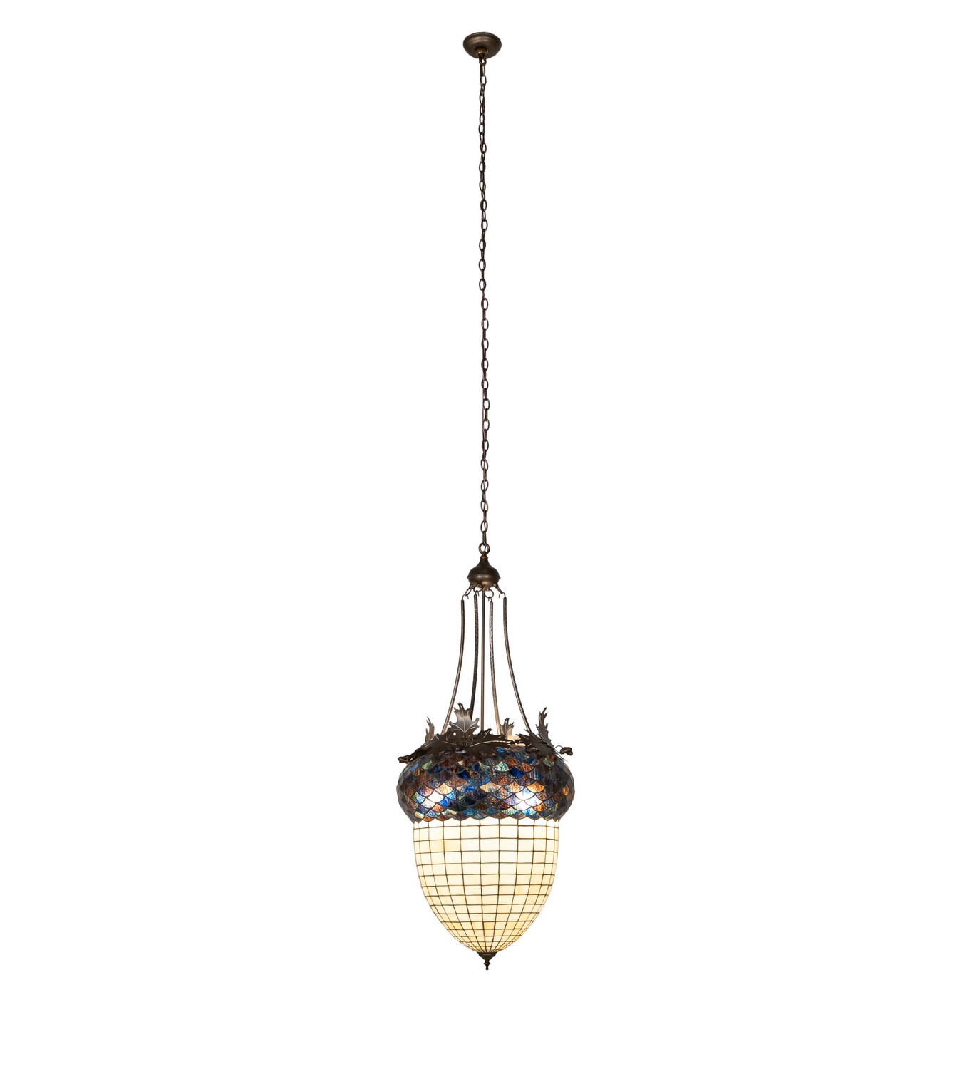 Majestic as the mighty oak, this dramatically styled pendant features an Acorn art glass profile. The stained glass shade delights with Autumnal Beige Art glass and a Bark Brown Glass crown, sprouting Antique Copper-finished oak leaf metal accents and hardware handcrafted by our artisans. The shade is created using the famous Meyda Tiffany copper foil construction process. Ideal for illuminating a dining table or entryway to create a beautiful design statement. The overall height ranges from 58 to 119 inches, as the chain can be easily adjusted on location. The Greenbriar Oak Acorn Pendant is included in our American-made, American-designed, handcrafted Greenbriar Collection. UL and cUL listed for dry & damp locations. Each shade is a unique work of art with color variations based on natural ingredients inherent in the glass. Collection: Greenbriar Oak Finish: Antique Copper Glass: Stained Glass Width: 22.00" Height: 58.00" Length: 22.00" Weight: 32.50 lb Number of Bulbs: 3 Maximum Wattage: 60.00 W Bulb Type: A19 Bulb Base: E26 Material: Steel Country of Origin: CHINA Safety Rating: Damp