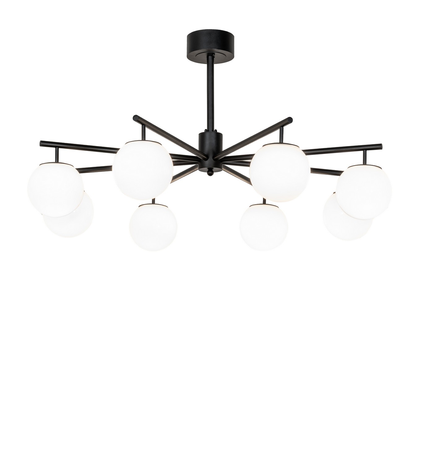 Every Meyda Tiffany item is a unique handcrafted work of art. Natural variations in the wide array of materials that we use to create each Meyda product make every item a masterpiece of its own. Photographs are a general representation of the product. Colors and designs will vary. Collection: Harter Heights Finish: Textured Black Glass: White Glass Width: 54.00" Height: 29.00" Length: 54.00" Weight: 43.00 lb Number of Bulbs: 8 Maximum Wattage: 9.00 W Bulb Type: A19 Bulb Base: E26 Light Source: LED Material: Steel Country of Origin: USA Safety Rating: Damp LED