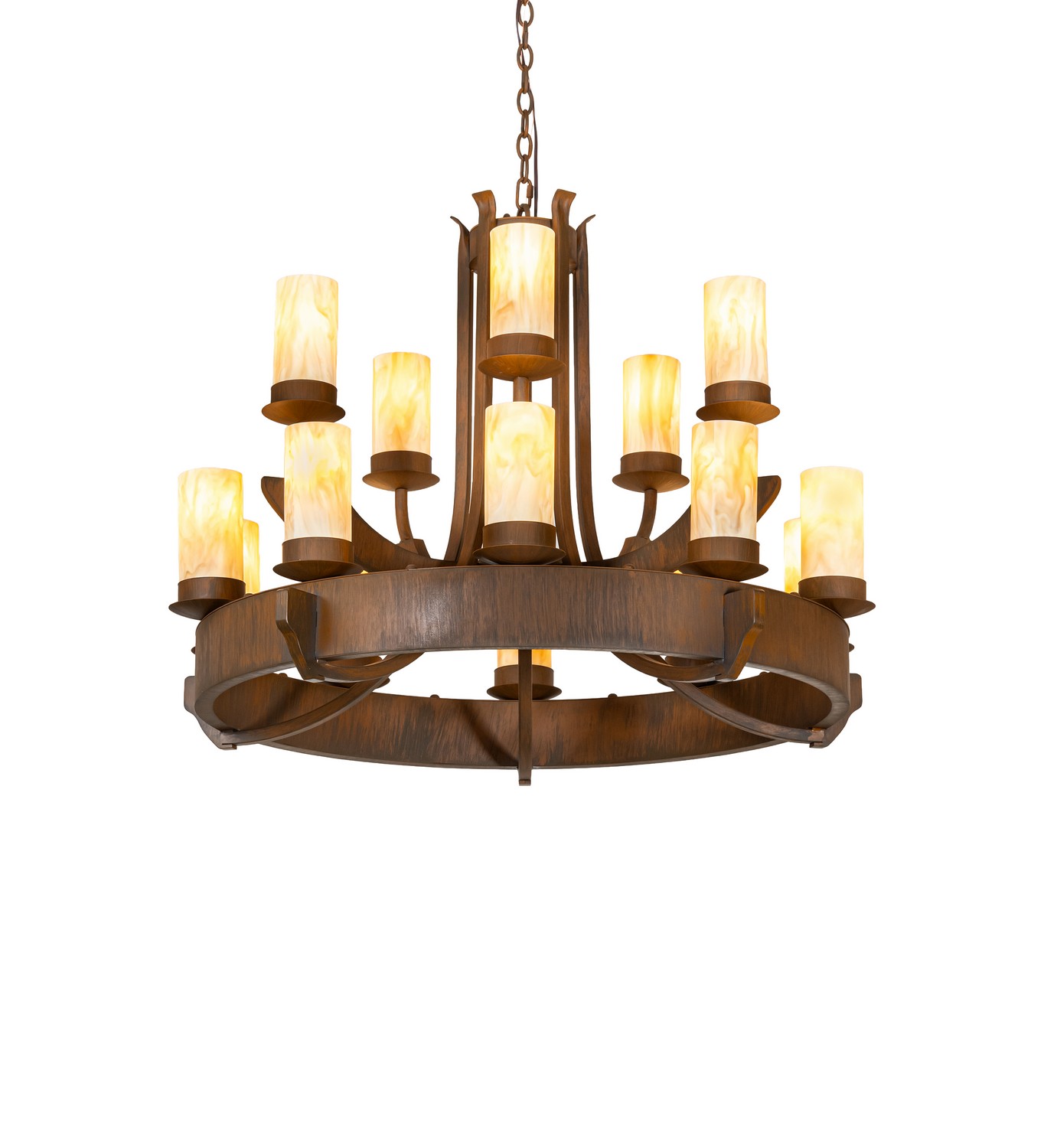 Every Meyda Tiffany item is a unique handcrafted work of art. Natural variations in the wide array of materials that we use to create each Meyda product make every item a masterpiece of its own. Photographs are a general representation of the product. Colors and designs will vary. Collection: Lakemont Finish: Rustic Iron Glass: Travertine Idalight Width: 40.00" Height: 34.00" Length: 40.00" Weight: 74.00 lb Number of Bulbs: 15 Maximum Wattage: 40.00 W Bulb Type: B11 Bulb Base: E26 Material: Steel Country of Origin: USA Safety Rating: Damp