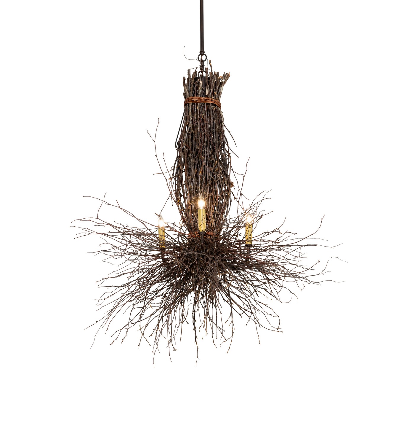 Meyda artisanship embraces Mother Nature. Three Ivory faux candle lights appear to bud and grow from authentic twigs that are locally hand-selected and sustainably harvested. Natural materials are hand-woven around a metal frame with a Mahogany Bronze finish. The overall height ranges from 79 to 90 inches, as the chain adjusts on location. The Twigs Chandelier is included in our American-made, American-designed, handcrafted Mountain Harvest Collection and manufactured in Yorkville, New York. UL and cUL listed for dry and damp locations. Collection: Twigs Finish: Mahogany Bronze Width: 40.00" Height: 79.00" Length: 40.00" Weight: 9.00 lb Number of Bulbs: 3 Maximum Wattage: 40.00 W Bulb Type: B10 Bulb Base: E12 Material: Steel/Twigs Country of Origin: USA Safety Rating: Damp