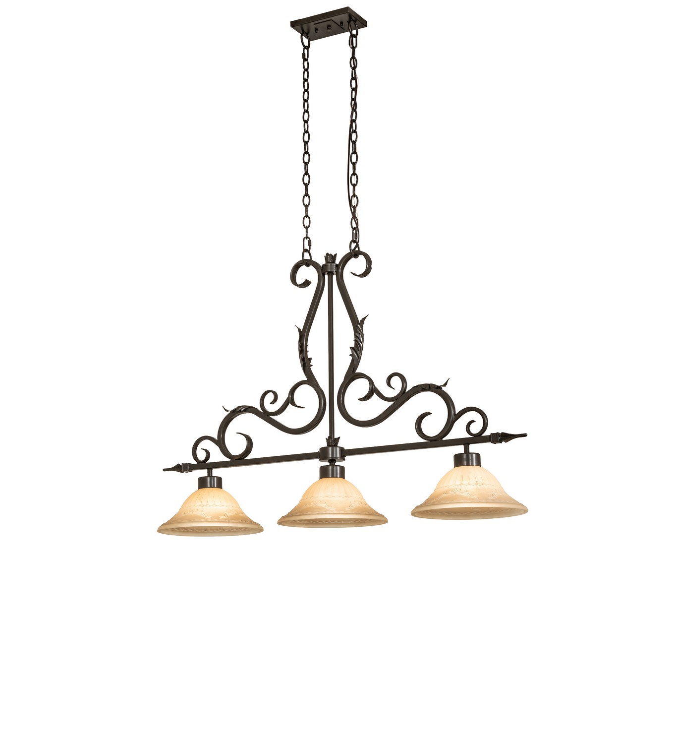 Every Meyda Tiffany item is a unique handcrafted work of art. Natural variations in the wide array of materials that we use to create each Meyda product make every item a masterpiece of its own. Photographs are a general representation of the product. Colors and designs will vary. Collection: Zamora Finish: Bronze Glass: Sand On Frosted Clear Glass Width: 13.00" Height: 37.00" Length: 48.00" Weight: 28.00 lb Number of Bulbs: 3 Maximum Wattage: 60.00 W Bulb Type: A19 Bulb Base: E26 Material: Steel Country of Origin: USA Safety Rating: Damp