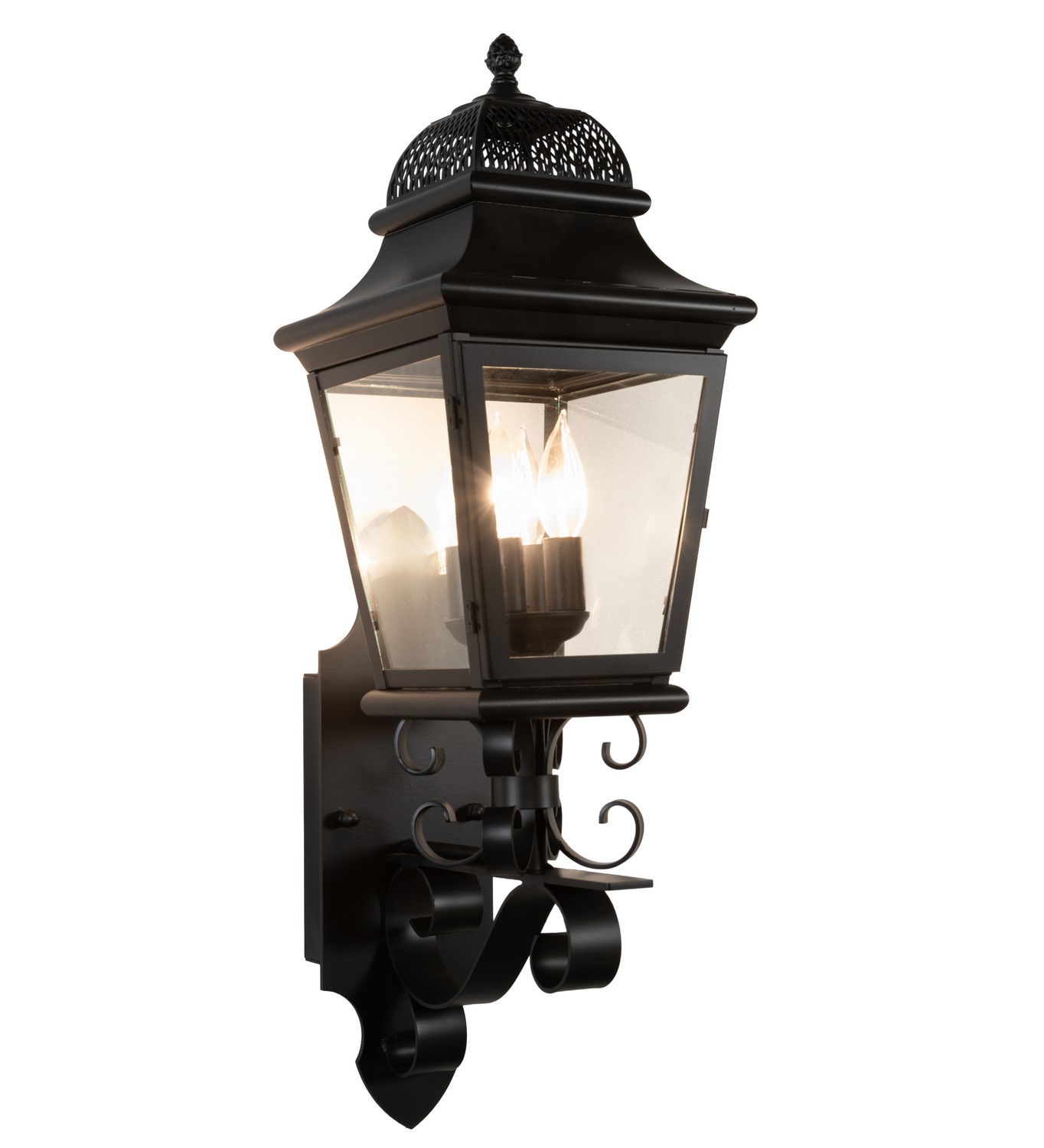 Enjoy the rich time-honored look of Arnette. This exquisite lantern design reveals classic styling and superior handcrafted construction. The shapely lantern features Clear glass, complemented by a frame, scroll arm, and accents, with hardware offered in a Solar Black finish. The Arnette Wall Sconce is featured in our American-made, American-designed, handcrafted Traditional Lighting Collection. This fixture is manufactured in Yorkville, New York. UL and cUL listed for dry, damp, and wet locations. Collection: Arnette Finish: Solar Black Glass: Clear Glass Width: 9.00" Height: 29.00" Length: 12.00" Weight: 19.00 lb Number of Bulbs: 4 Maximum Wattage: 60.00 W Bulb Type: BA9 Bulb Base: E12 Material: Steel/Brass Country of Origin: USA Safety Rating: Wet