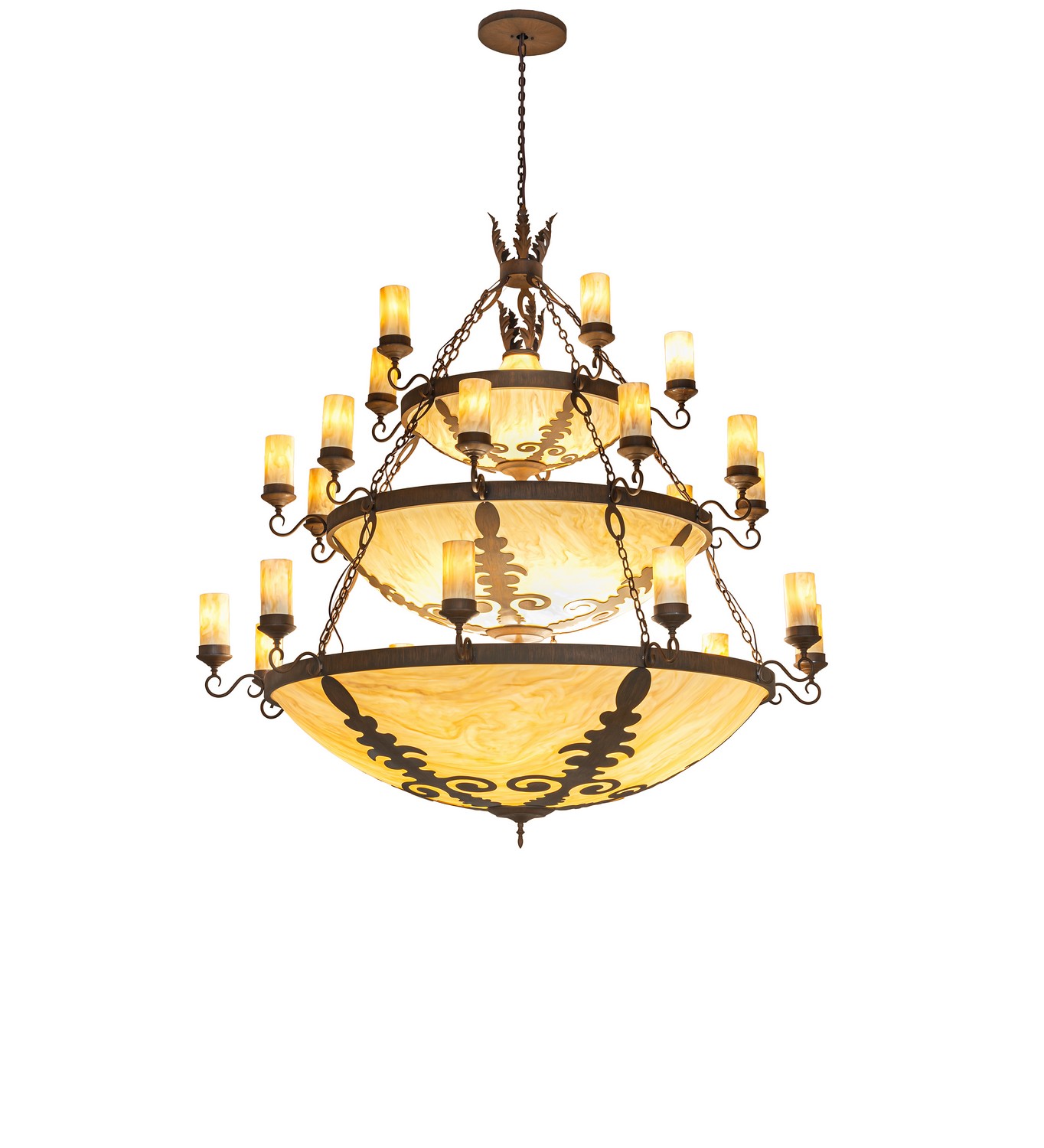 Every Meyda Tiffany item is a unique handcrafted work of art. Natural variations in the wide array of materials that we use to create each Meyda product make every item a masterpiece of its own. Photographs are a general representation of the product. Colors and designs will vary. Collection: Castellum Finish: Rustic Iron Glass: Travertine Idalight Frosted Outside Width: 74.00" Height: 79.00" Length: 74.00" Weight: 200.00 lb Number of Bulbs: 18 Maximum Wattage: 40.00 W Bulb Type: A19 Bulb Base: E26 Material: Steel Country of Origin: USA Safety Rating: Damp