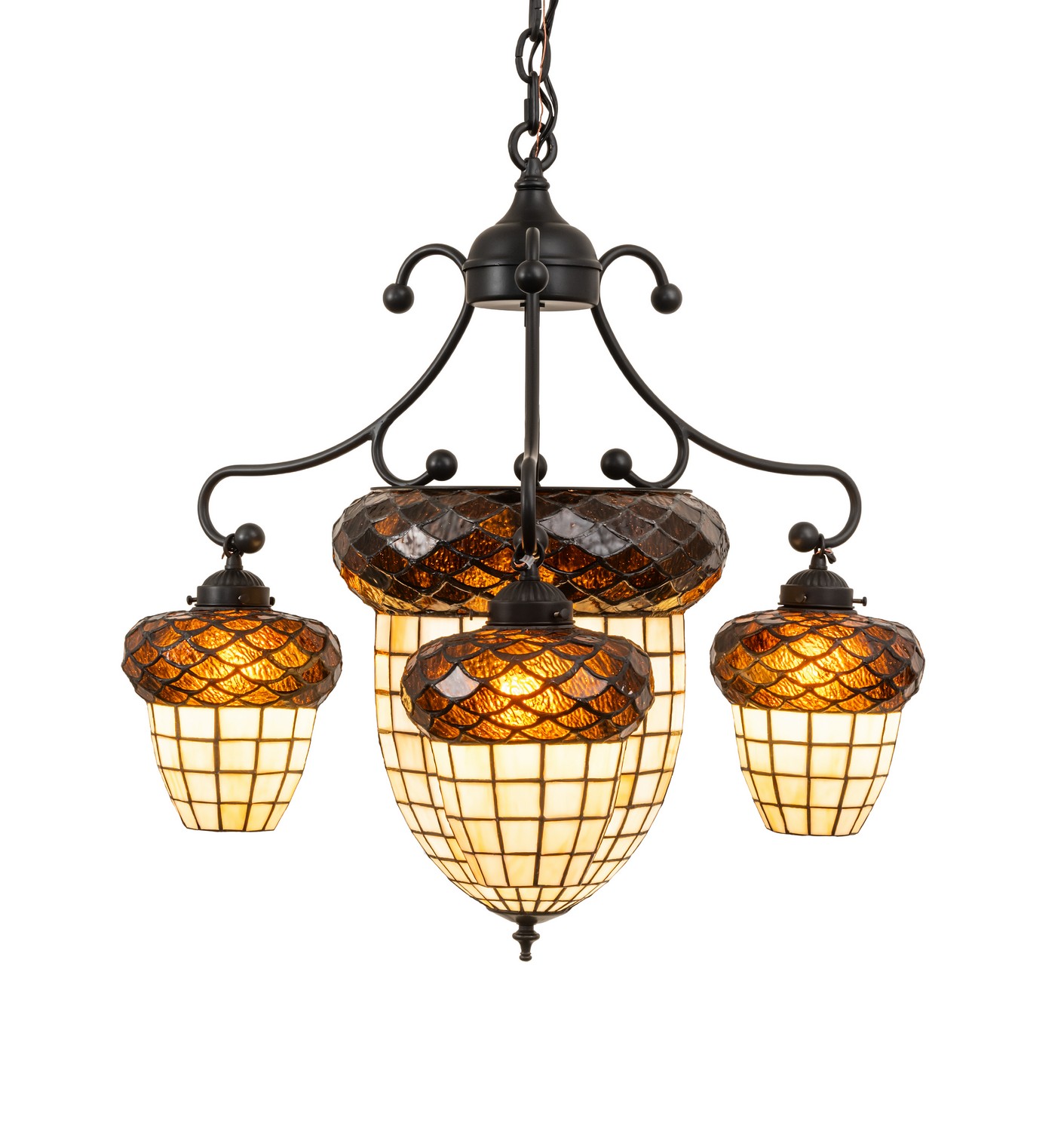 Every Meyda Tiffany item is a unique handcrafted work of art. Natural variations in the wide array of materials that we use to create each Meyda product make every item a masterpiece of its own. Photographs are a general representation of the product. Colors and designs will vary. Collection: Acorn Finish: Solar Black Glass: Stained Glass Width: 28.00" Height: 30.00" Length: 28.00" Weight: 21.00 lb Number of Bulbs: 2 Maximum Wattage: 60.00 W Bulb Type: A19 Bulb Base: E26 Material: Steel Country of Origin: USA Safety Rating: Damp