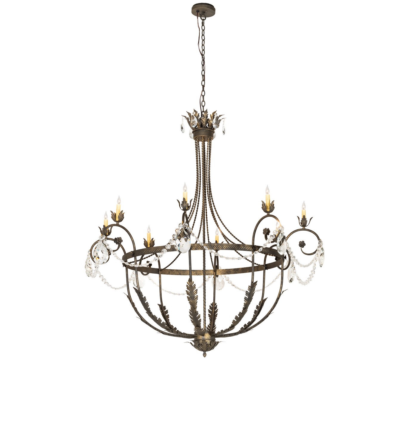 Exquisite styling and luxurious charm are reflected in the Antonia Wall Sconce, which is adorned with eight complementary faux candles perched on floral bobeches with scrolled arms and Acanthus-leaf accents. The decorative accents and hand-forged Iron Hardware are finished in Dark Smoke and enhanced with Crystal accents. The fixture features high-quality materials and hand-detailed American craftsmanship, perfected through years of time-honored artistry passed down from generations of highly skilled artisans. The Antonia Chandelier is featured in our American-made, American-designed, handcrafted Traditional Lighting Collection, manufactured in Yorkville, New York. UL and cUL listed for dry and damp locations. Collection: Antonia Finish: Dark Smoke Width: 58.00" Height: 63.00" Length: 58.00" Weight: 48.00 lb Number of Bulbs: 8 Maximum Wattage: 60.00 W Bulb Type: BA9 Bulb Base: E12 Material: Steel/Crystal Country of Origin: USA Safety Rating: Damp