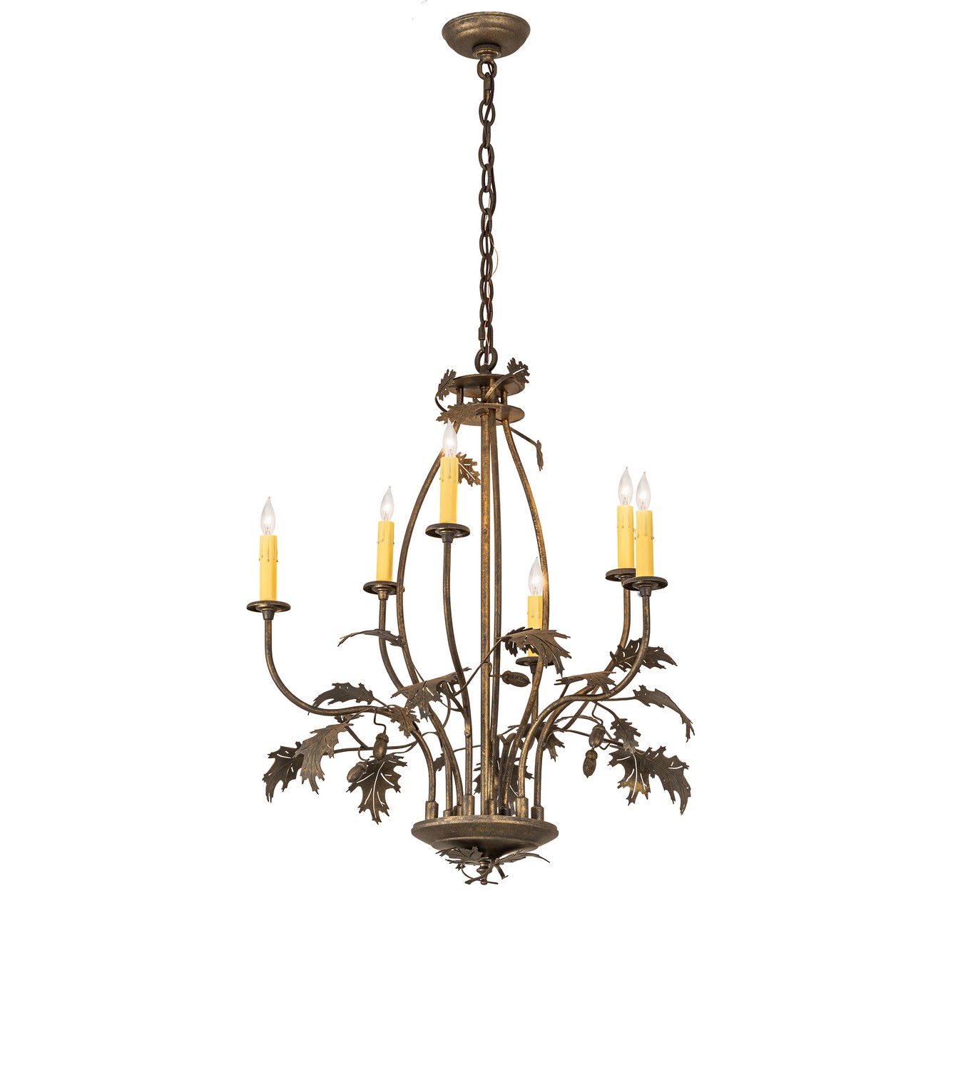 Every Meyda Tiffany item is a unique handcrafted work of art. Natural variations in the wide array of materials that we use to create each Meyda product make every item a masterpiece of its own. Photographs are a general representation of the product. Colors and designs will vary. Collection: Oak Leaf & Acorn Finish: Dark Smoke Width: 28.00" Height: 34.00" Length: 28.00" Weight: 14.00 lb Number of Bulbs: 6 Maximum Wattage: 60.00 W Bulb Type: BA9 Bulb Base: E12 Material: Steel Country of Origin: USA Safety Rating: Damp