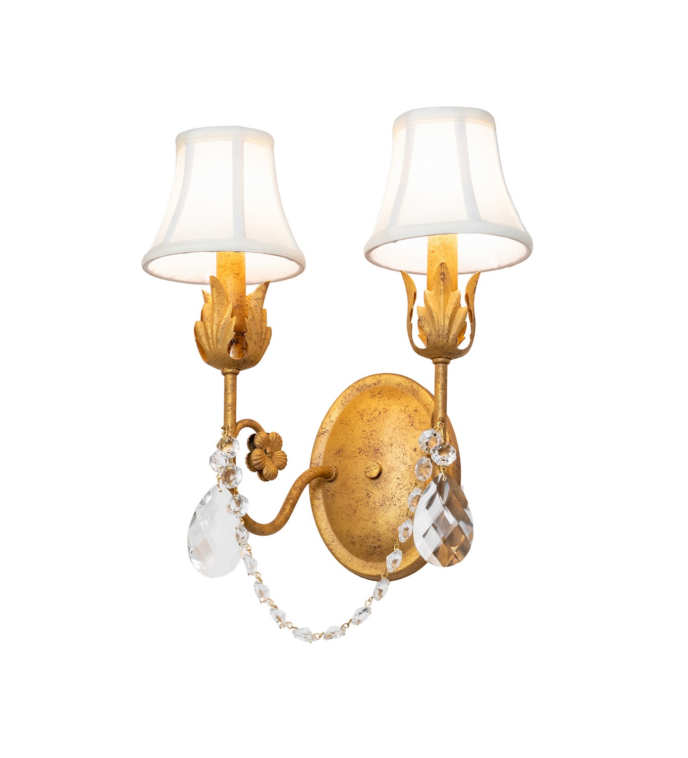 Every Meyda Tiffany item is a unique handcrafted work of art. Natural variations in the wide array of materials that we use to create each Meyda product make every item a masterpiece of its own. Photographs are a general representation of the product. Colors and designs will vary. Collection: Antonia Finish: Old Gold Glass: Cream Textrene Width: 12.00" Height: 16.00" Length: 9.00" Weight: 3.00 lb Number of Bulbs: 2 Maximum Wattage: 40.00 W Bulb Type: B10 Bulb Base: E12 Material: Steel/Crystal Country of Origin: USA Safety Rating: Damp