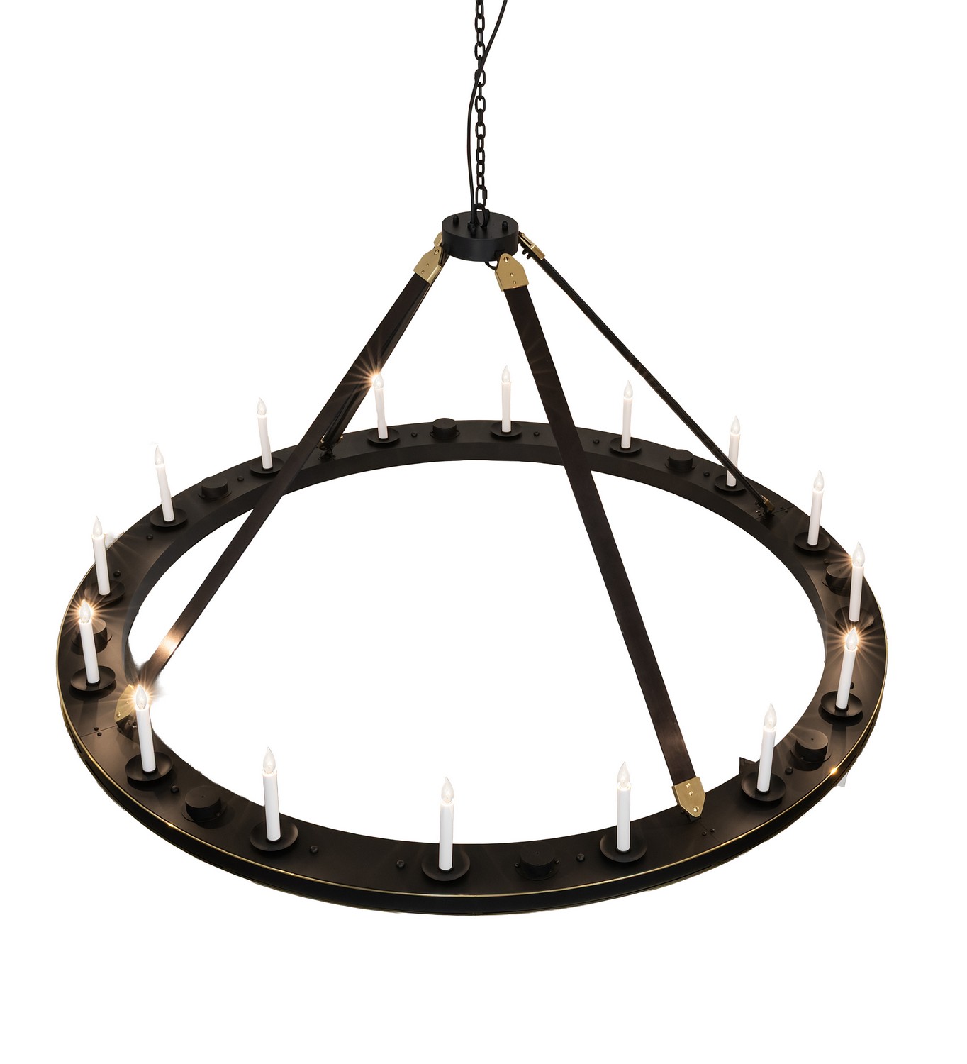 With its graceful structure and elevated style, the 72 Wide Granville 16 Light Chandelier delivers a masterful blend of luxury and presence. This statement fixture was created to enhance refined spaces with warmth, beauty, and sophistication. The exquisite chandelier features the luxury of authentic leather straps and polished brass accents, complemented by bold Solar Black and Polished Brass finishes. The overall height ranges from 40 to 114 inches, as the chain can be easily adjusted on location. The fixture features 16 White faux candle lights for ambient decorative lighting and eight downlights for task lighting on surfaces below. The candle lights and downlights benefit from two separate circuits, allowing for precise dimming control over the layers of light to create the perfect ambiance in the space. The Granville Chandelier is featured in our American-made, American-designed Transitional Lighting Collection and is manufactured in Yorkville, New York. UL and cUL listed for dry and damp locations. Special thanks to Renee Bohman of Renee Bohman Interior Design and Allen Fankhauser of Bernard Electric Supply Co., Inc., both of Columbus, Ohio, for their work on this project." Collection: Granville Finish: Solar Black/ Polished Brass Width: 72.00" Height: 44.00" Length: 72.00" Weight: 136.00 lb Number of Bulbs: 16 Maximum Wattage: 40.00 W Bulb Type: CA10 Bulb Base: E12 Material: Steel/Brass/Leather Country of Origin: USA Safety Rating: Damp