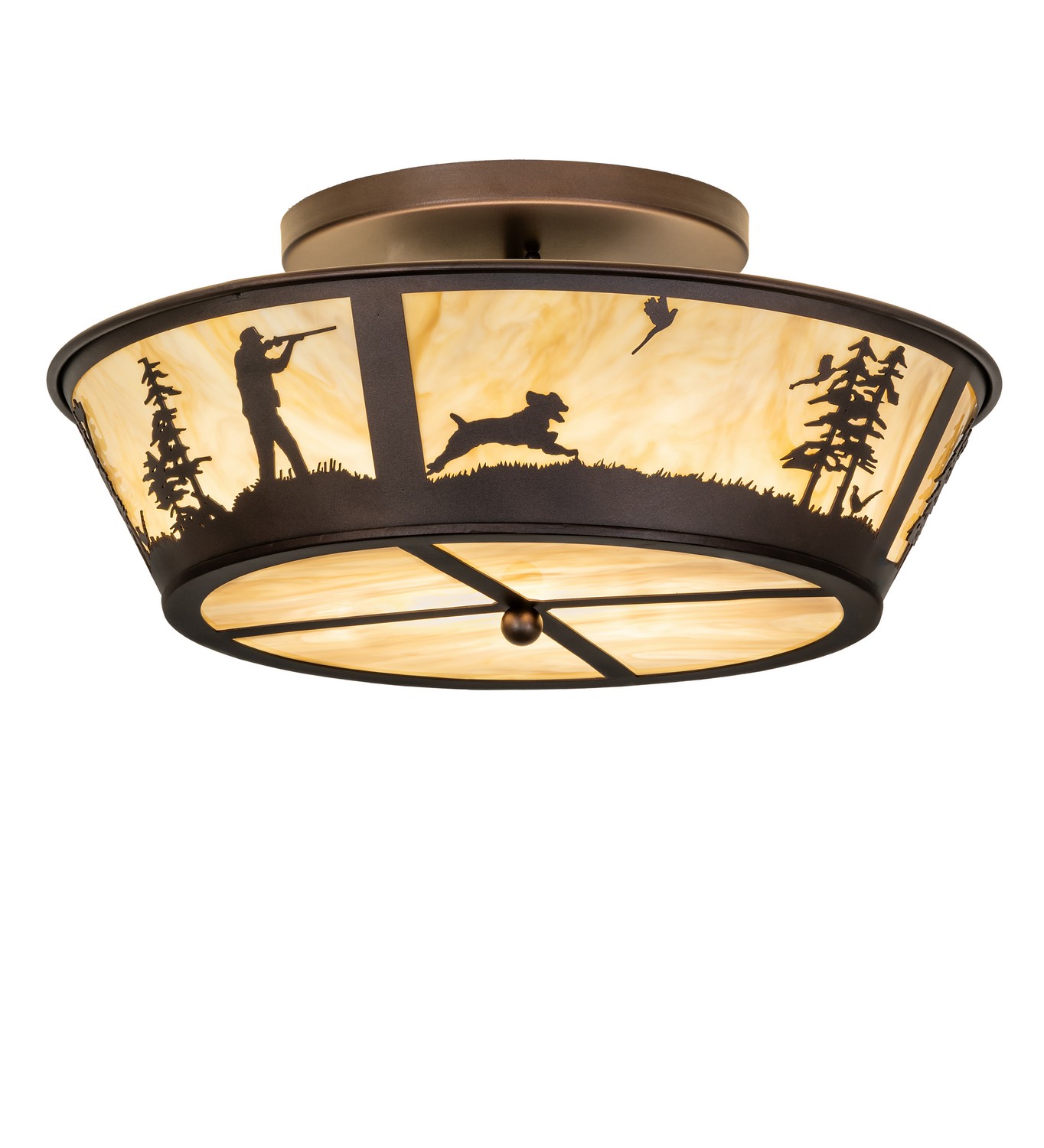 Every Meyda Tiffany item is a unique handcrafted work of art. Natural variations in the wide array of materials that we use to create each Meyda product make every item a masterpiece of its own. Photographs are a general representation of the product. Colors and designs will vary. Collection: Hunter W/Dog Finish: Tavertine Idalite Glass: Mahogony Bronze Width: 22.50" Height: 10.00" Length: 22.50" Weight: 12.50 lb Number of Bulbs: 1 Maximum Wattage: 20.00 W Bulb Base: INTERGRAL Light Source: LED Color Temperature: 3000 K Material: Steel Country of Origin: USA Safety Rating: Damp LED