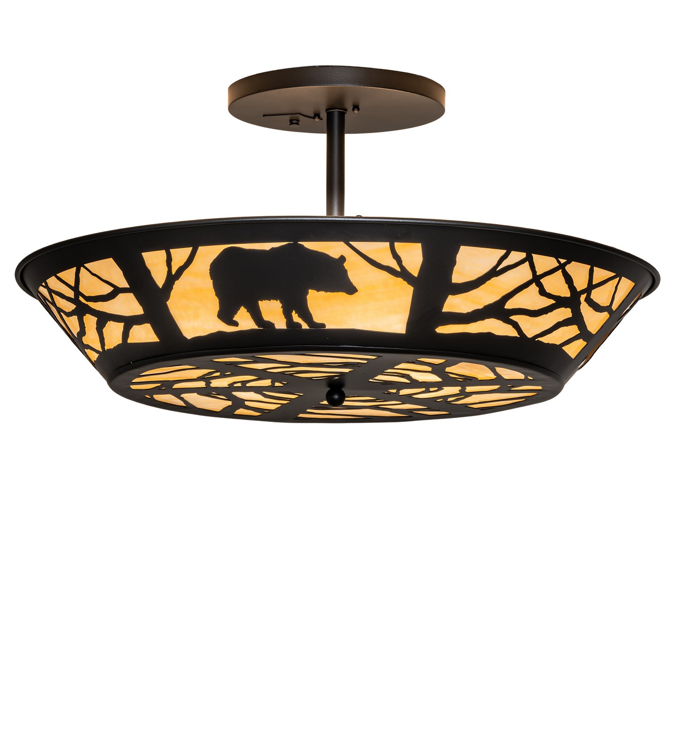 Every Meyda Tiffany item is a unique handcrafted work of art. Natural variations in the wide array of materials that we use to create each Meyda product make every item a masterpiece of its own. Photographs are a general representation of the product. Colors and designs will vary. Collection: Bear On The Loose Finish: Black Satin Wrought Iron Glass: Beige Granite Art Glass Width: 32.00" Height: 16.00" Length: 32.00" Weight: 33.00 lb Number of Bulbs: 6 Maximum Wattage: 60.00 W Bulb Type: A19 Bulb Base: E26 Material: Steel Country of Origin: USA Safety Rating: Damp