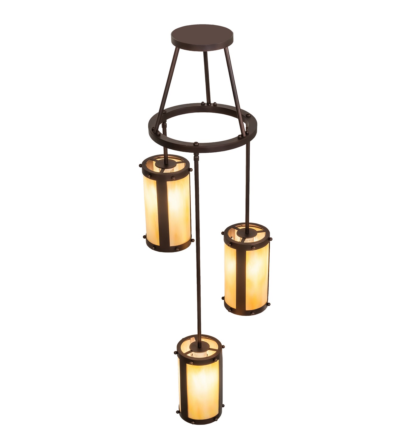A cascading chandelier creates an eye-catching transitional look, featuring three handsome Beige Iridescent Glass shades arranged in a staggered formation, suspended from decorative rings and a canopy, providing light at various levels. All hardware is hand-finished in Mahogany Bronze. Ideal for illuminating stairwells, entryways, lobbies, foyers, ballrooms, and other residential, hospitality, and commercial spaces. The Cartier Cascading Chandelier is featured in our American-made, American-designed, handcrafted Transitional Lighting Collection and is manufactured in Yorkville, NY. UL and cUL listed for dry and damp locations. Collection: Cartier Finish: Mahogany Bronze Glass: Beige Iridescent Glass Width: 19.00" Height: 54.00" Length: 19.00" Weight: 24.00 lb Number of Bulbs: 3 Maximum Wattage: 60.00 W Bulb Type: A19 Bulb Base: E26 Material: Steel Country of Origin: USA Safety Rating: Damp