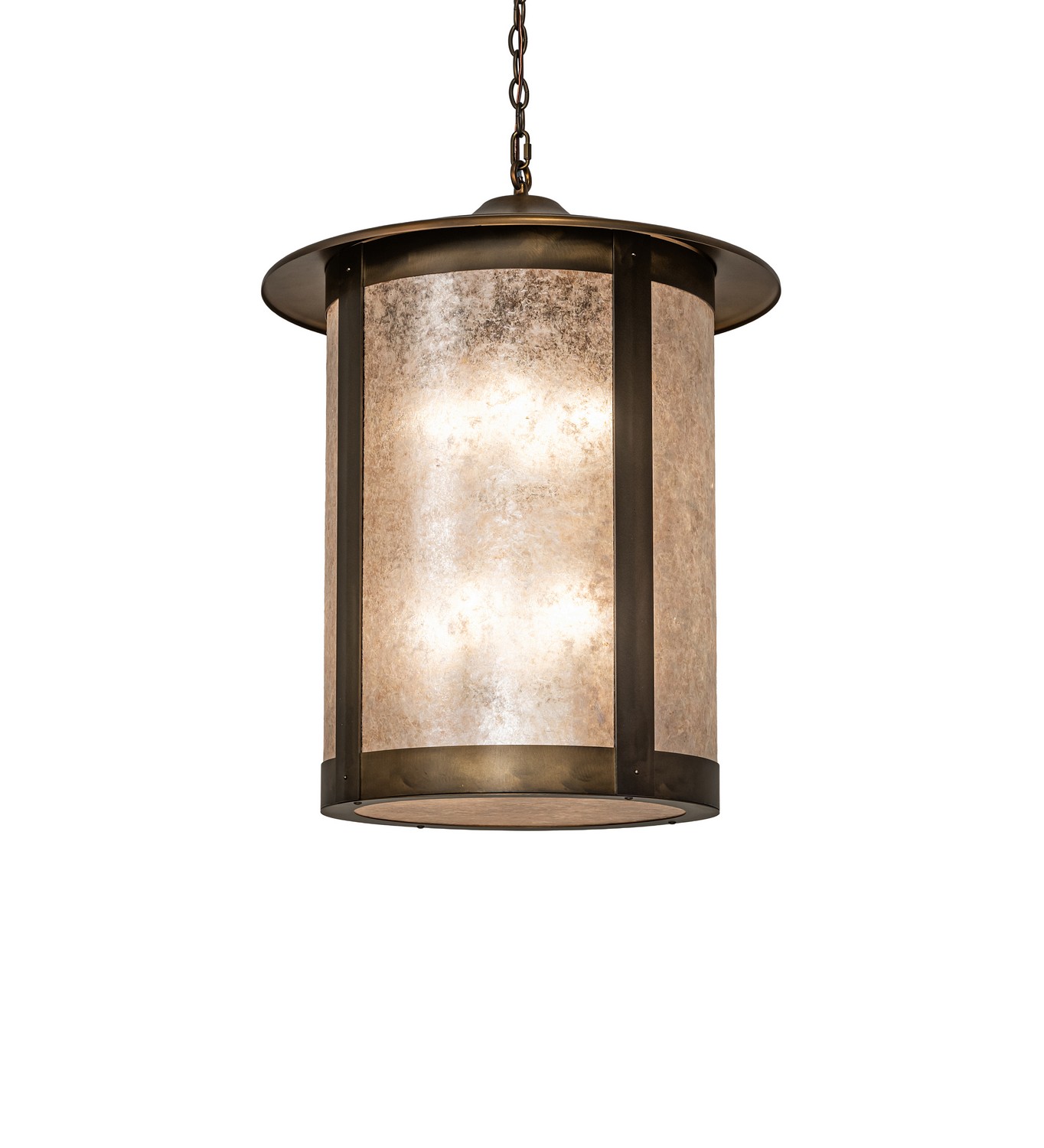 This stunning ceiling pendant features a striking Silver Mica lens, complemented by a frame and hardware finished in an Antique Copper powder coat. Use this lovely pendant to brighten the tables and islands of timber homes, lodges, modern farmhouses, and other spaces. The cylindrical-profiled fixture's overall height ranges from 40 to 79 inches as the chain easily adjusts on location. The Fulton Prime Pendant is featured in our American-made, American-designed, handcrafted Craftsman Signature Series and is manufactured in Yorkville, New York. The fixture is UL and cUL listed for use in dry, damp, and wet locations, however, mica is not suitable for many harsh outdoor locations and is only recommended in areas where the fixture is protected, as exposure to wind and elements may cause delamination. Collection: Fulton Finish: Antique Copper Glass: Silver Mica Width: 24.00" Height: 40.00" Length: 24.00" Weight: 29.00 lb Number of Bulbs: 8 Maximum Wattage: 60.00 W Bulb Type: A19 Bulb Base: E26 Material: Steel Country of Origin: USA Safety Rating: Wet
