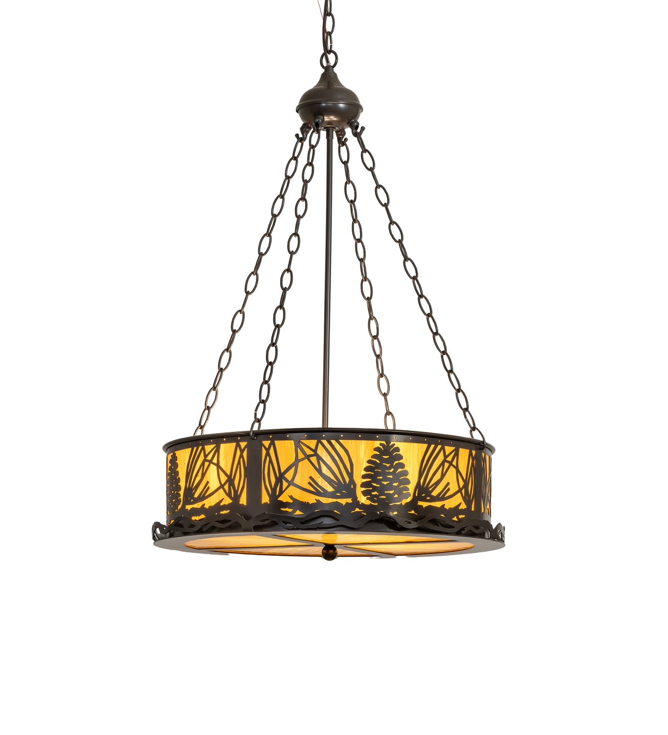 Every Meyda Tiffany item is a unique handcrafted work of art. Natural variations in the wide array of materials that we use to create each Meyda product make every item a masterpiece of its own. Photographs are a general representation of the product. Colors and designs will vary. Collection: Mountain Pine Finish: Timeless Bronze Glass: Honey Amber Width: 22.00" Height: 36.00" Length: 22.00" Weight: 20.00 lb Number of Bulbs: 4 Maximum Wattage: 60.00 W Bulb Type: A19 Bulb Base: E26 Material: Steel Country of Origin: USA Safety Rating: Damp
